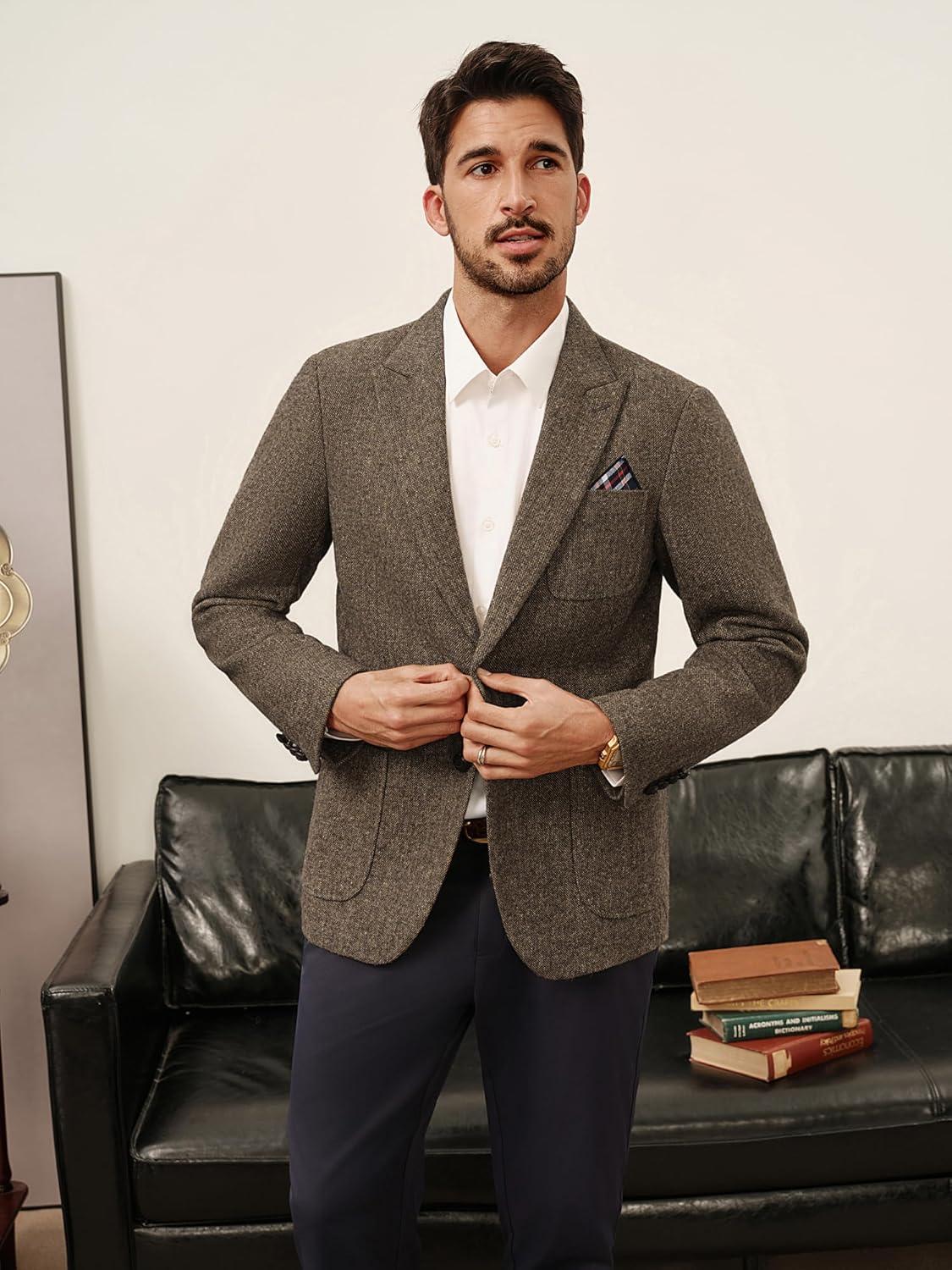 imagePJ PAUL JONES Mens Tweed Blazer Wool Sport Coat Two Button Peak Lapel Vintage Suit JacketsKhaki