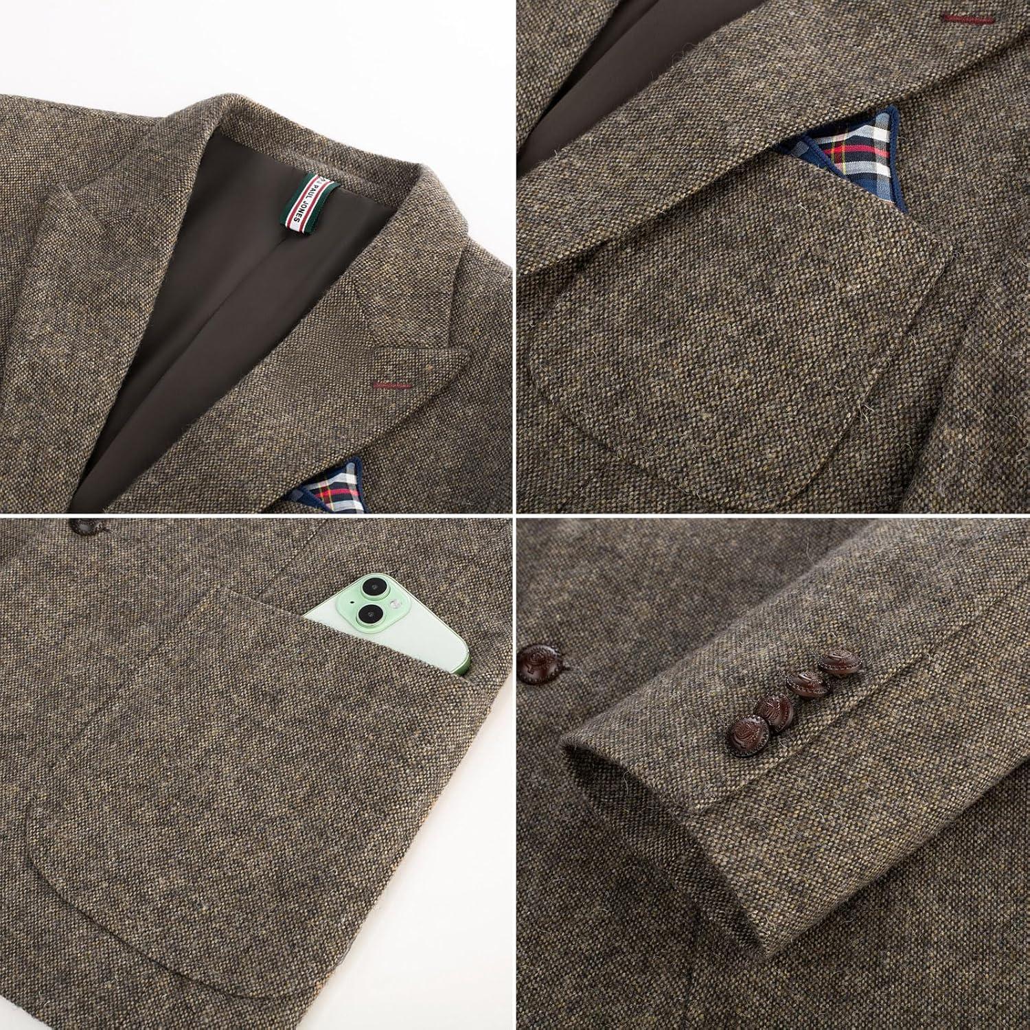 imagePJ PAUL JONES Mens Tweed Blazer Wool Sport Coat Two Button Peak Lapel Vintage Suit JacketsKhaki