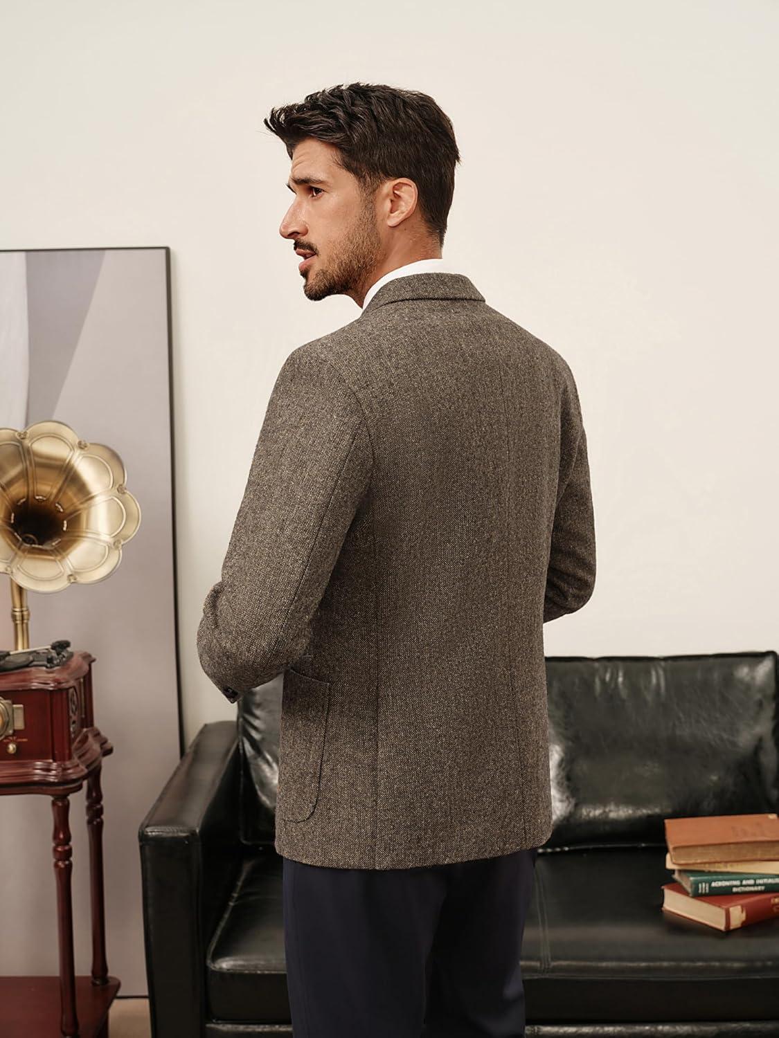 imagePJ PAUL JONES Mens Tweed Blazer Wool Sport Coat Two Button Peak Lapel Vintage Suit JacketsKhaki