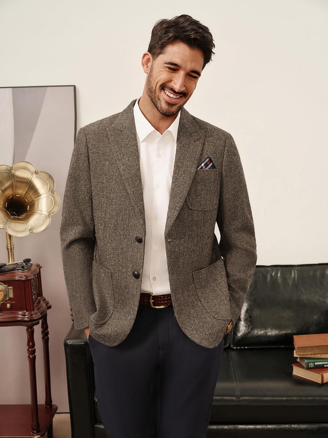 imagePJ PAUL JONES Mens Tweed Blazer Wool Sport Coat Two Button Peak Lapel Vintage Suit JacketsKhaki