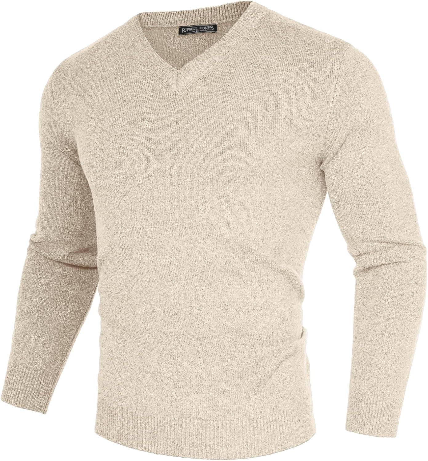 imagePJ PAUL JONES Mens V Neck Pullover Lightweight Wool Blend Long Sleeve Knit SweaterApricot