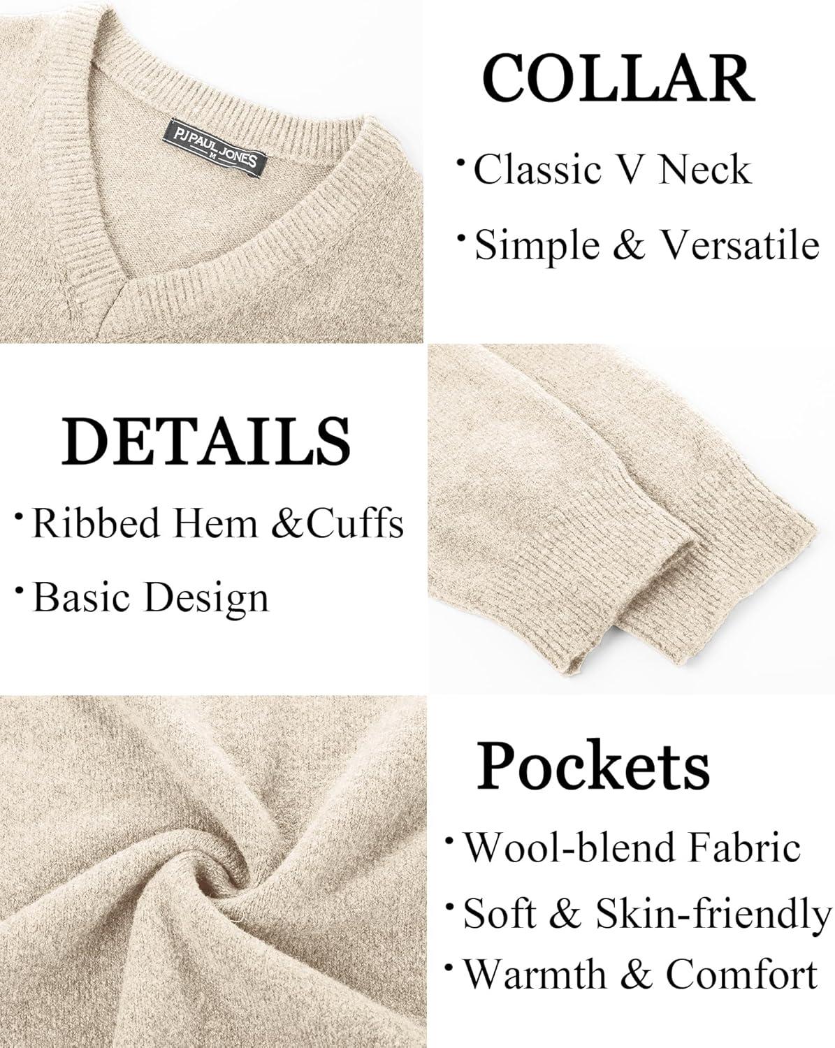 imagePJ PAUL JONES Mens V Neck Pullover Lightweight Wool Blend Long Sleeve Knit SweaterApricot