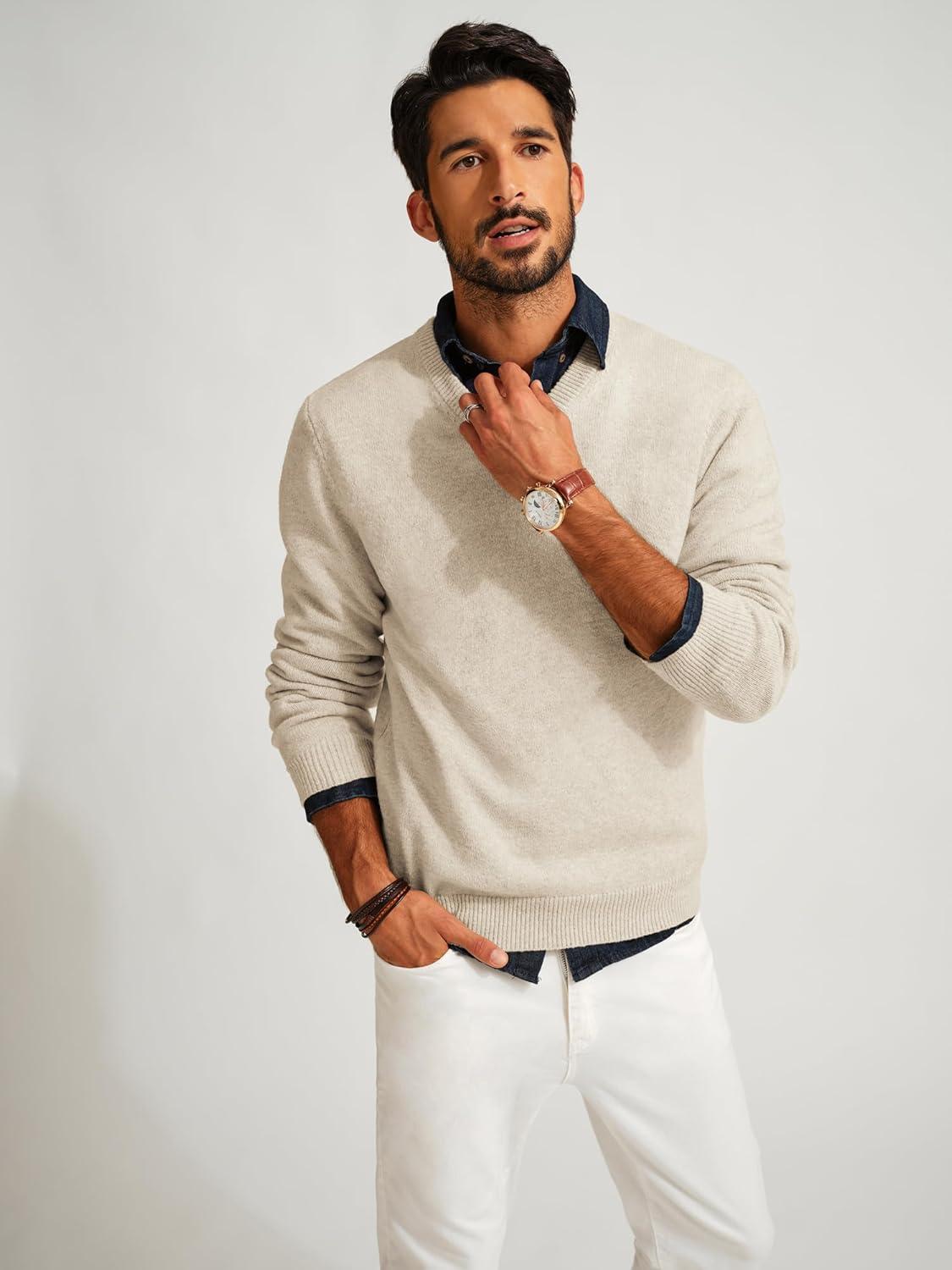 imagePJ PAUL JONES Mens V Neck Pullover Lightweight Wool Blend Long Sleeve Knit SweaterApricot