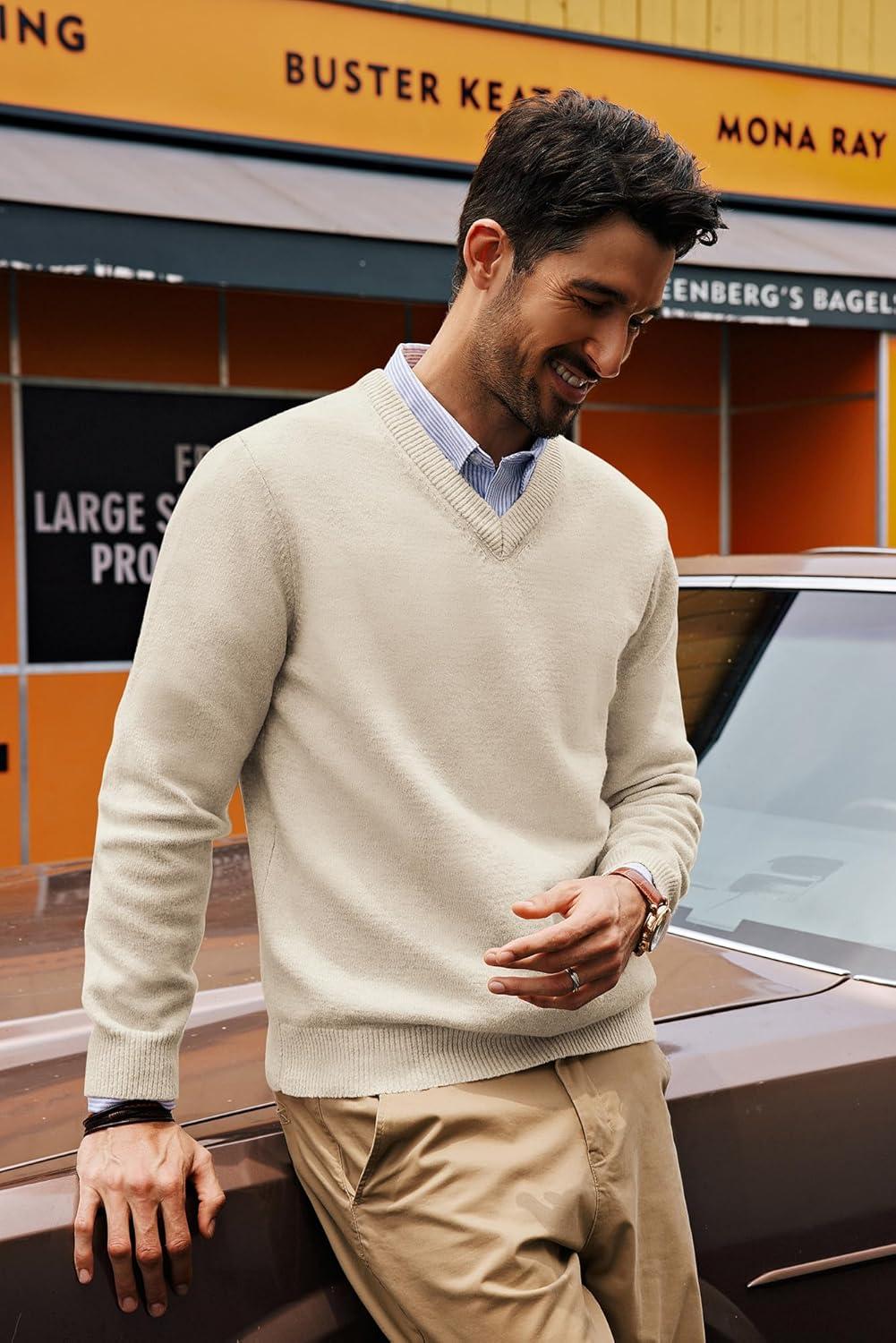 imagePJ PAUL JONES Mens V Neck Pullover Lightweight Wool Blend Long Sleeve Knit SweaterApricot