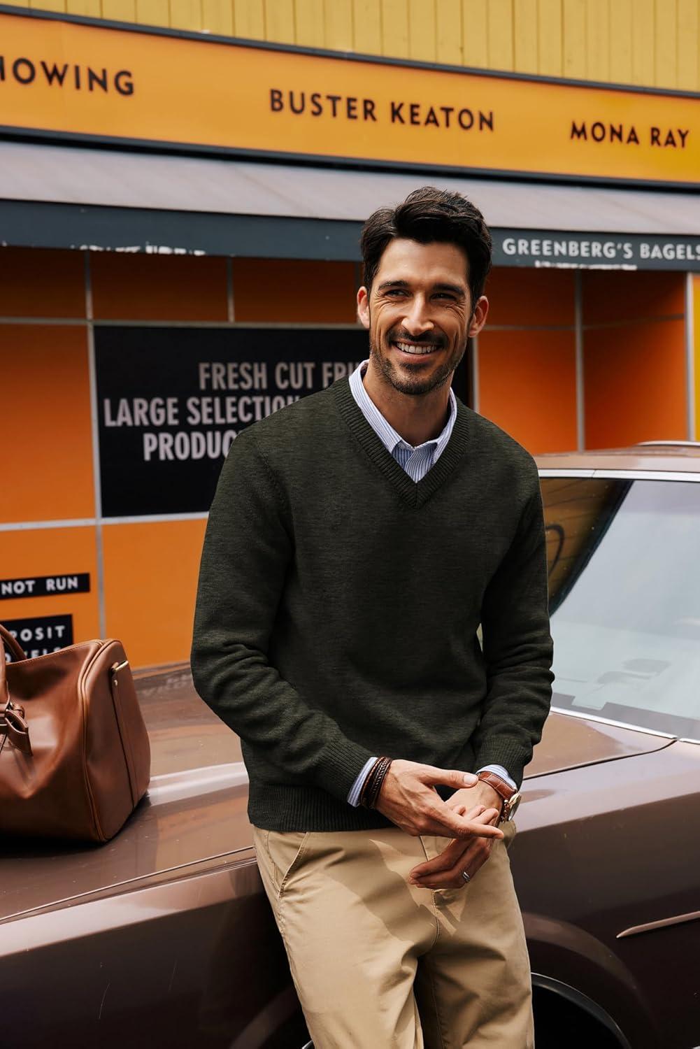 imagePJ PAUL JONES Mens V Neck Pullover Lightweight Wool Blend Long Sleeve Knit SweaterArmy Green