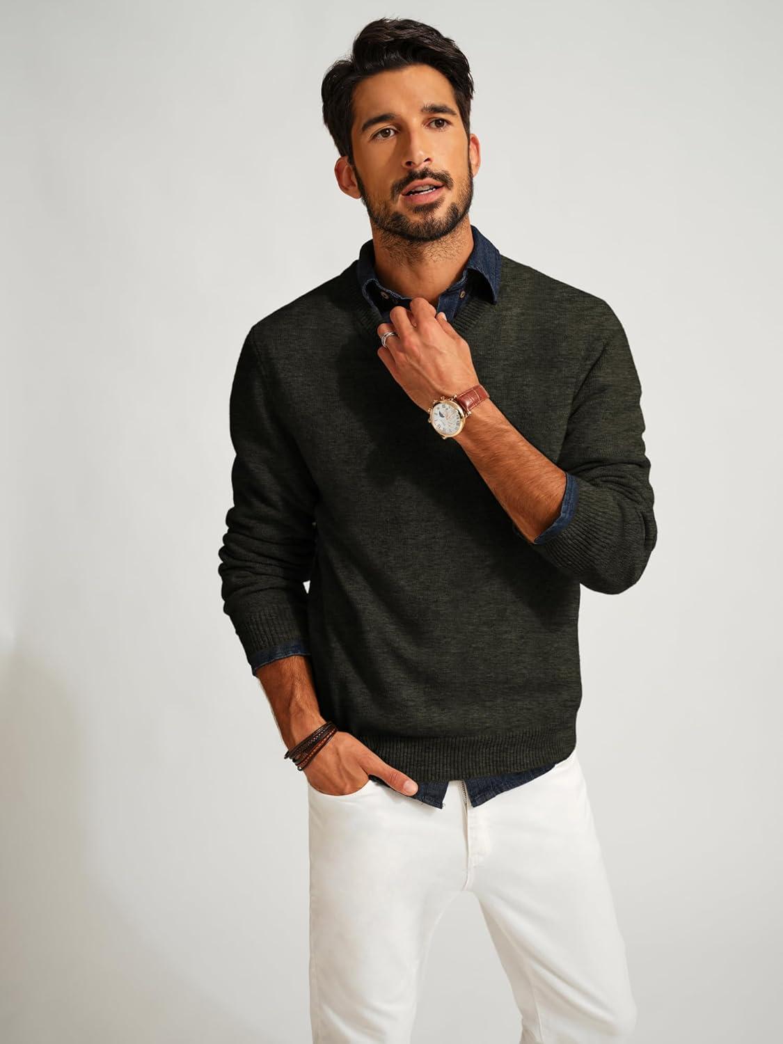 imagePJ PAUL JONES Mens V Neck Pullover Lightweight Wool Blend Long Sleeve Knit SweaterArmy Green