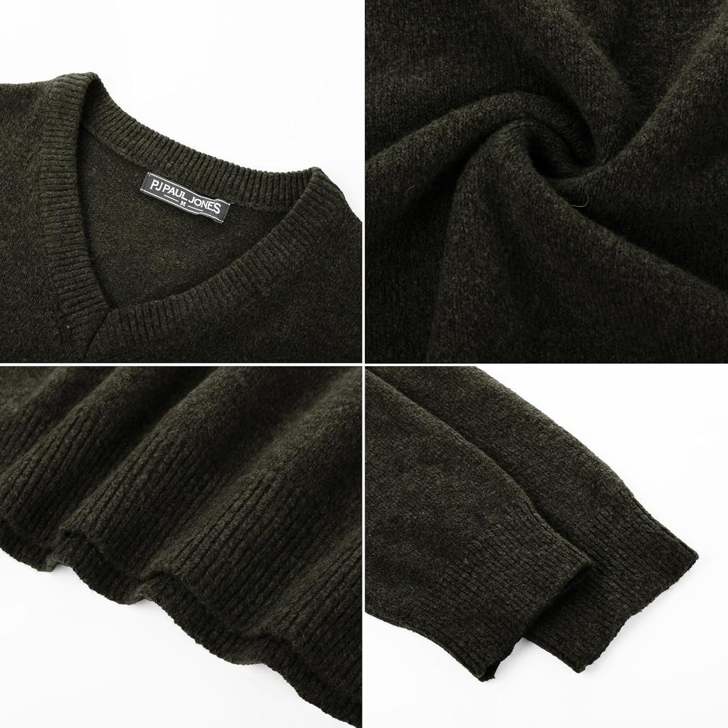 imagePJ PAUL JONES Mens V Neck Pullover Lightweight Wool Blend Long Sleeve Knit SweaterArmy Green
