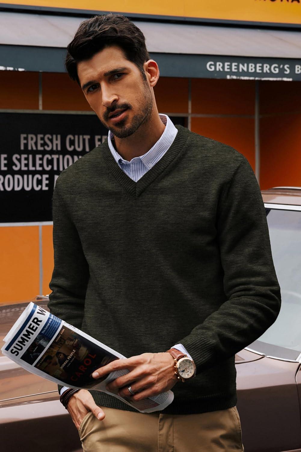 imagePJ PAUL JONES Mens V Neck Pullover Lightweight Wool Blend Long Sleeve Knit SweaterArmy Green