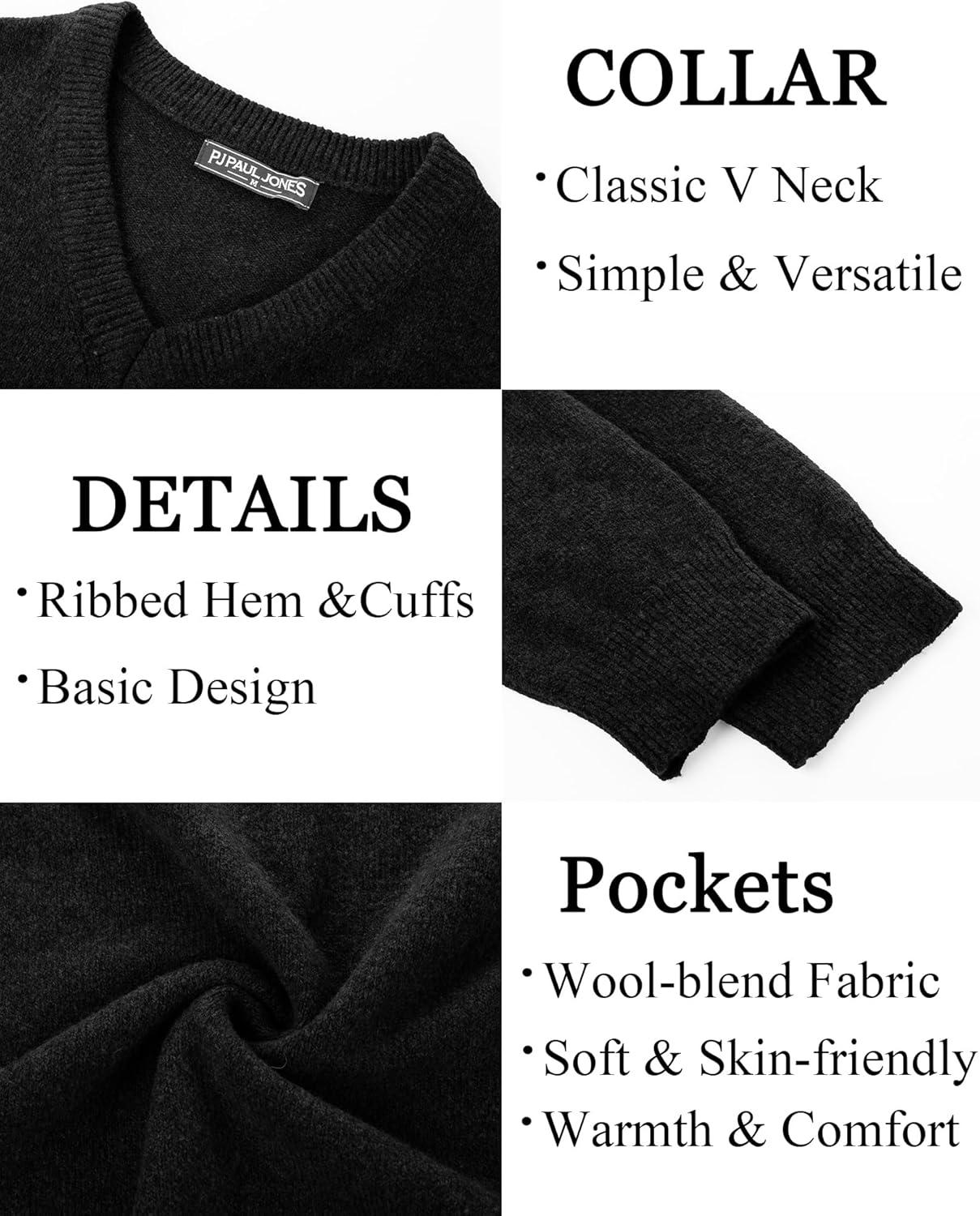 imagePJ PAUL JONES Mens V Neck Pullover Lightweight Wool Blend Long Sleeve Knit SweaterBlack