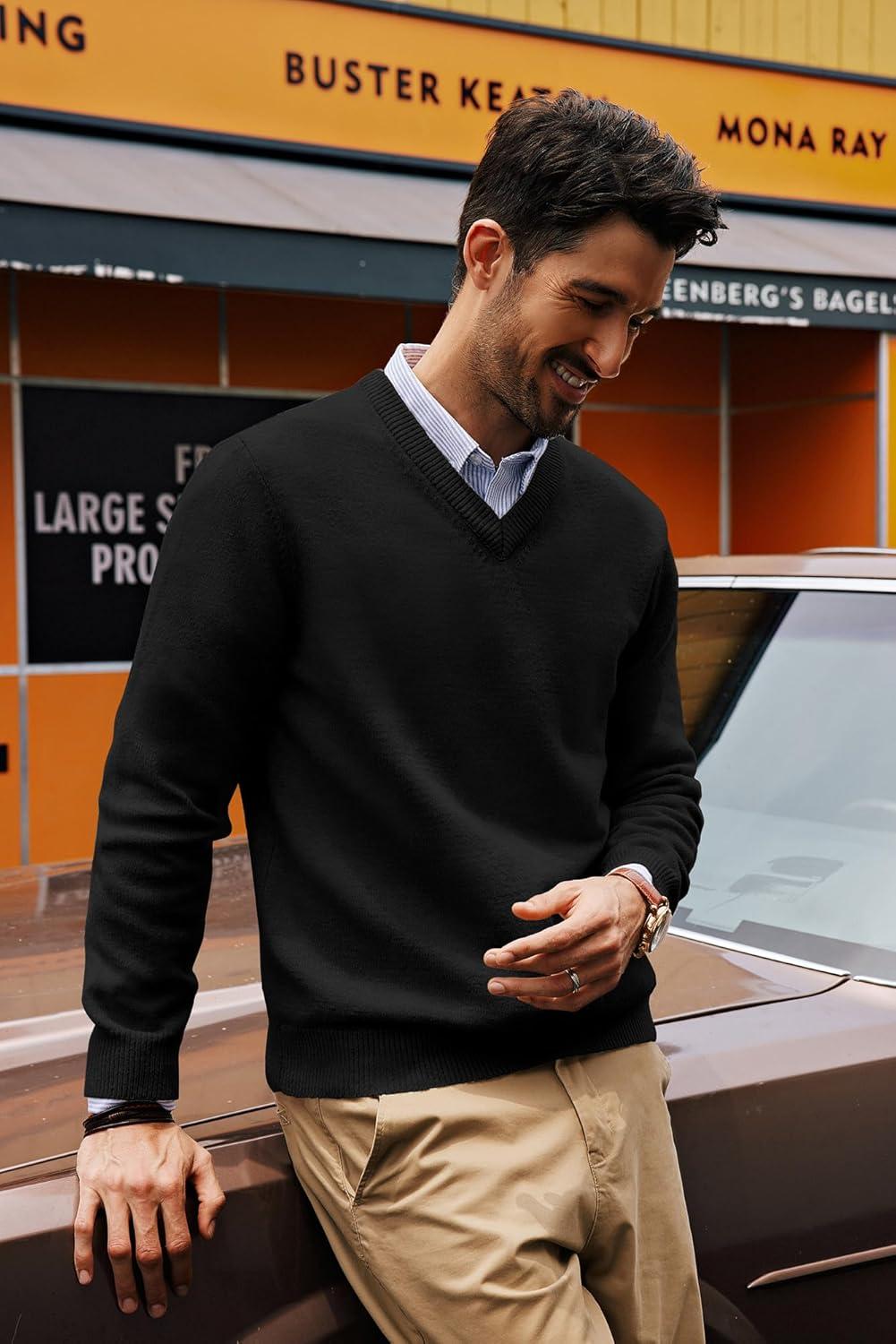 imagePJ PAUL JONES Mens V Neck Pullover Lightweight Wool Blend Long Sleeve Knit SweaterBlack