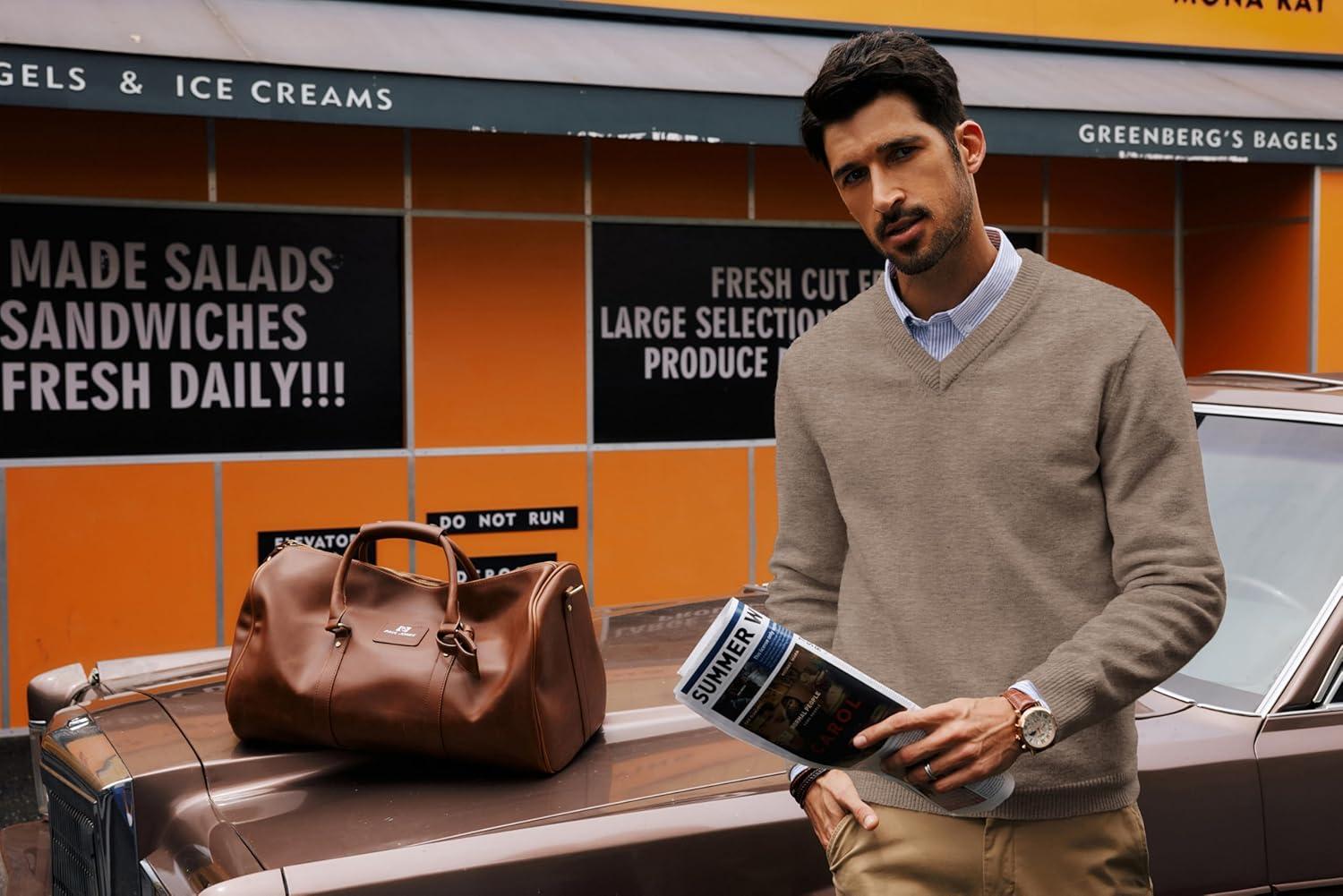 imagePJ PAUL JONES Mens V Neck Pullover Lightweight Wool Blend Long Sleeve Knit SweaterCamel