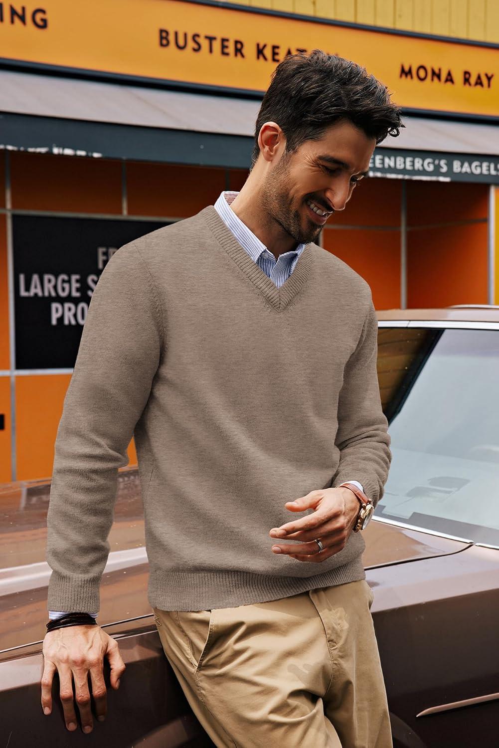 imagePJ PAUL JONES Mens V Neck Pullover Lightweight Wool Blend Long Sleeve Knit SweaterCamel