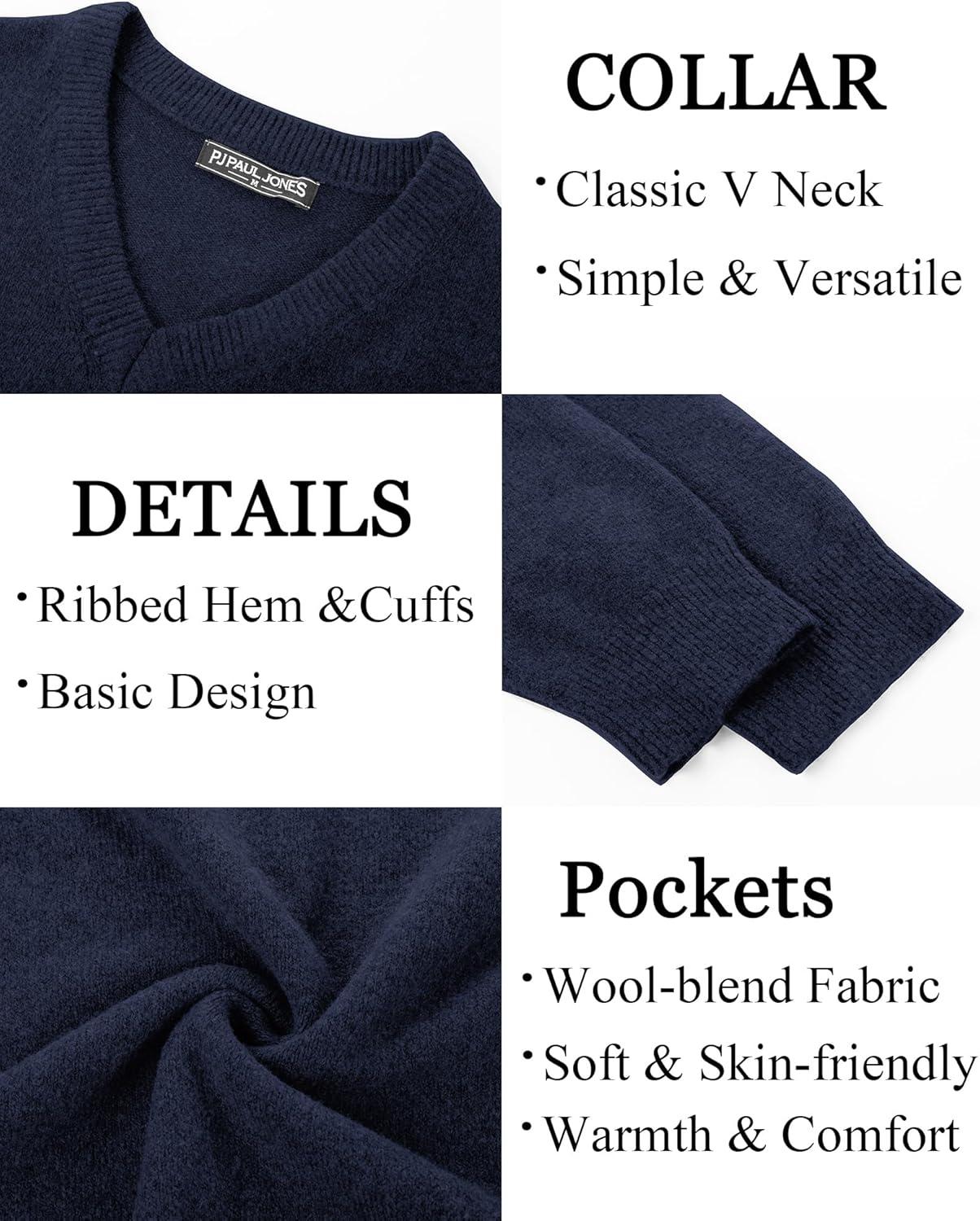 imagePJ PAUL JONES Mens V Neck Pullover Lightweight Wool Blend Long Sleeve Knit SweaterDark Blue