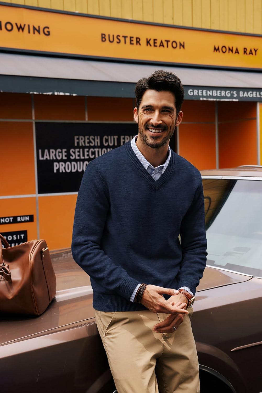 imagePJ PAUL JONES Mens V Neck Pullover Lightweight Wool Blend Long Sleeve Knit SweaterDark Blue