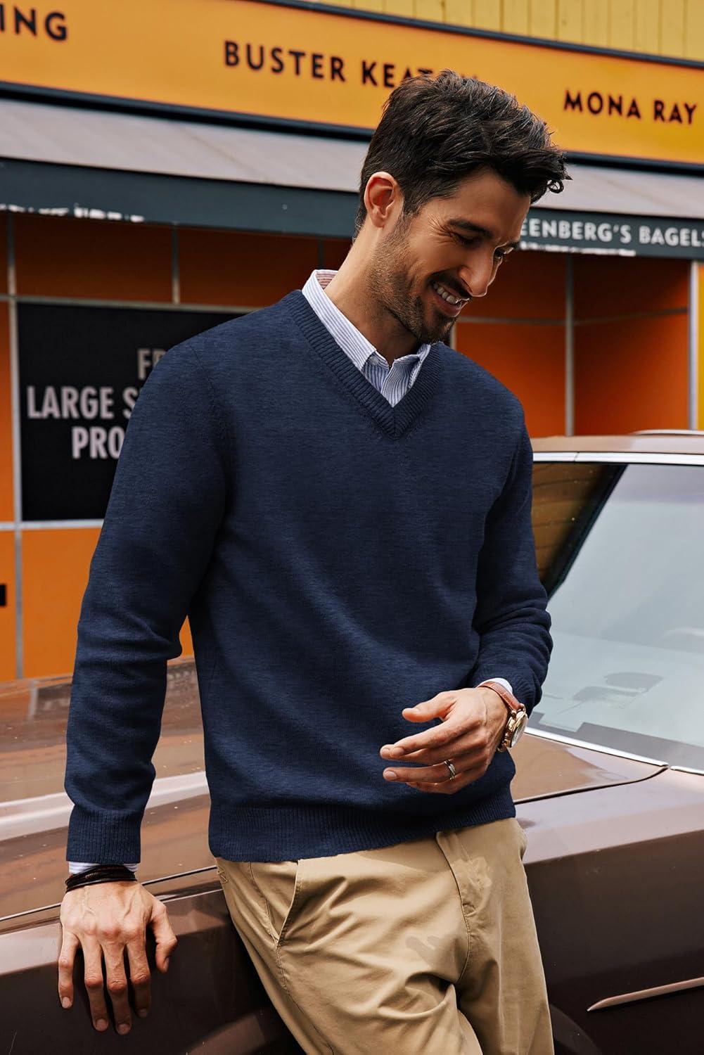 imagePJ PAUL JONES Mens V Neck Pullover Lightweight Wool Blend Long Sleeve Knit SweaterDark Blue