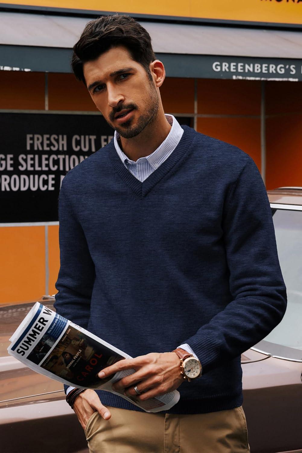 imagePJ PAUL JONES Mens V Neck Pullover Lightweight Wool Blend Long Sleeve Knit SweaterDark Blue