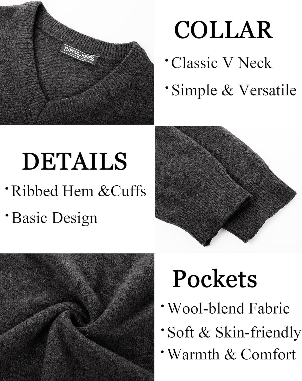 imagePJ PAUL JONES Mens V Neck Pullover Lightweight Wool Blend Long Sleeve Knit SweaterDark Gray