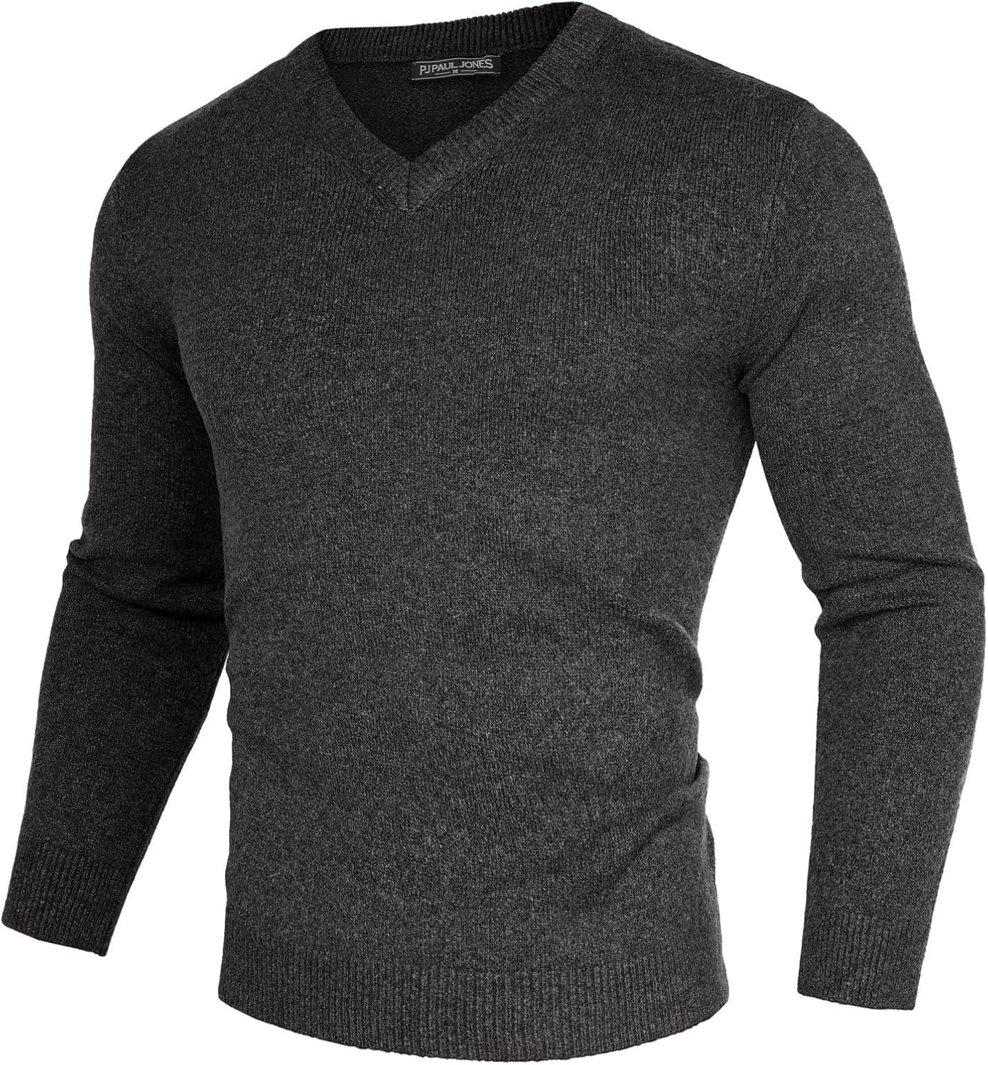imagePJ PAUL JONES Mens V Neck Pullover Lightweight Wool Blend Long Sleeve Knit SweaterDark Gray