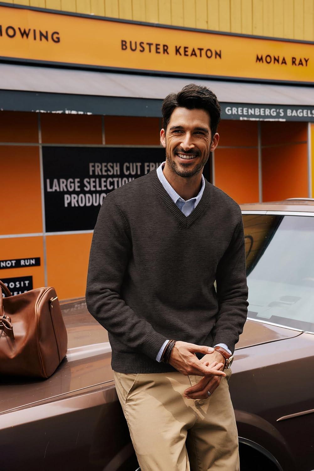 imagePJ PAUL JONES Mens V Neck Pullover Lightweight Wool Blend Long Sleeve Knit SweaterDark Khaki