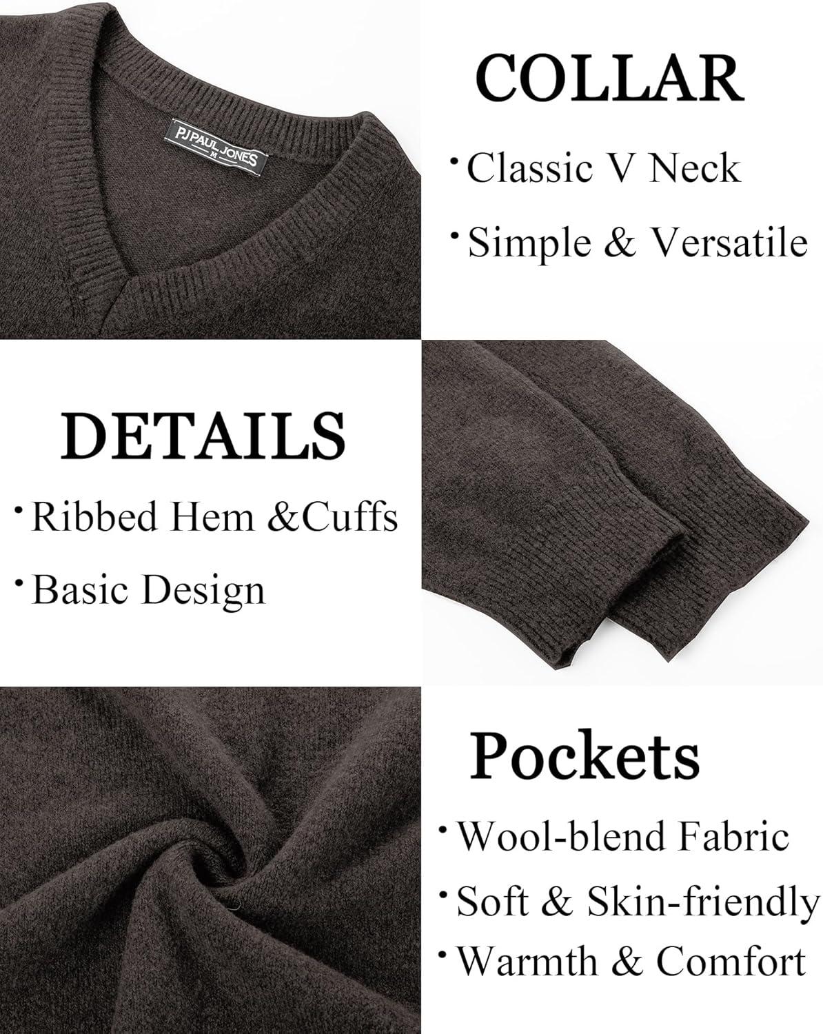 imagePJ PAUL JONES Mens V Neck Pullover Lightweight Wool Blend Long Sleeve Knit SweaterDark Khaki