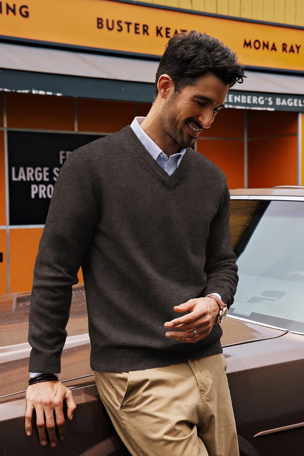 imagePJ PAUL JONES Mens V Neck Pullover Lightweight Wool Blend Long Sleeve Knit SweaterDark Khaki