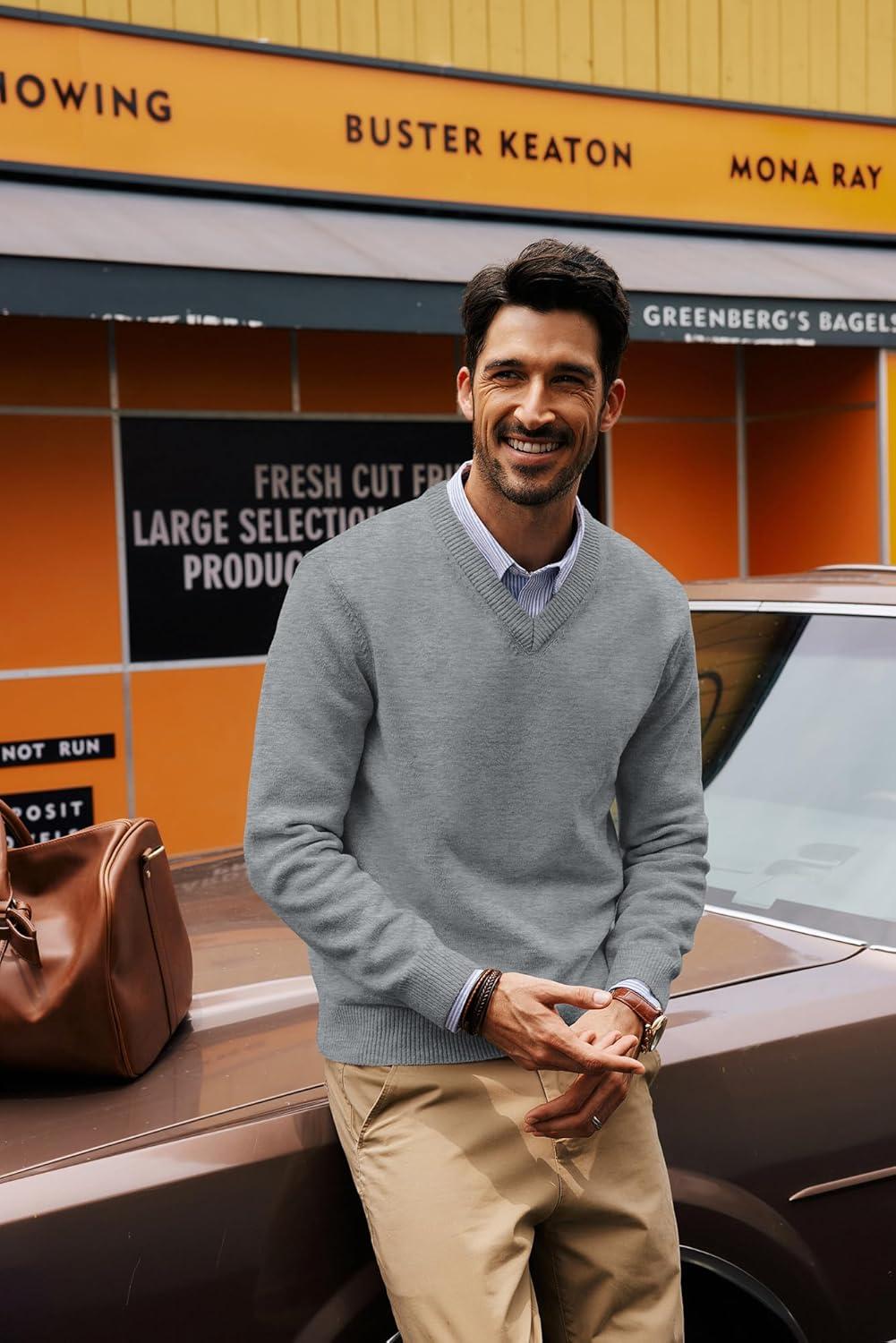 imagePJ PAUL JONES Mens V Neck Pullover Lightweight Wool Blend Long Sleeve Knit SweaterGray