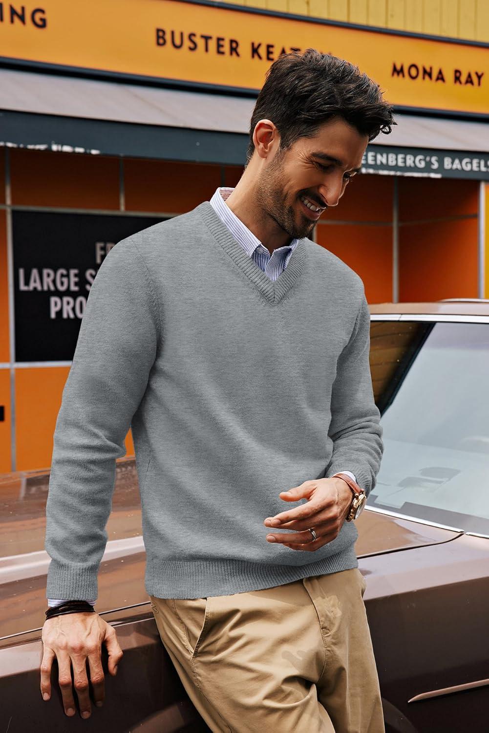 imagePJ PAUL JONES Mens V Neck Pullover Lightweight Wool Blend Long Sleeve Knit SweaterGray