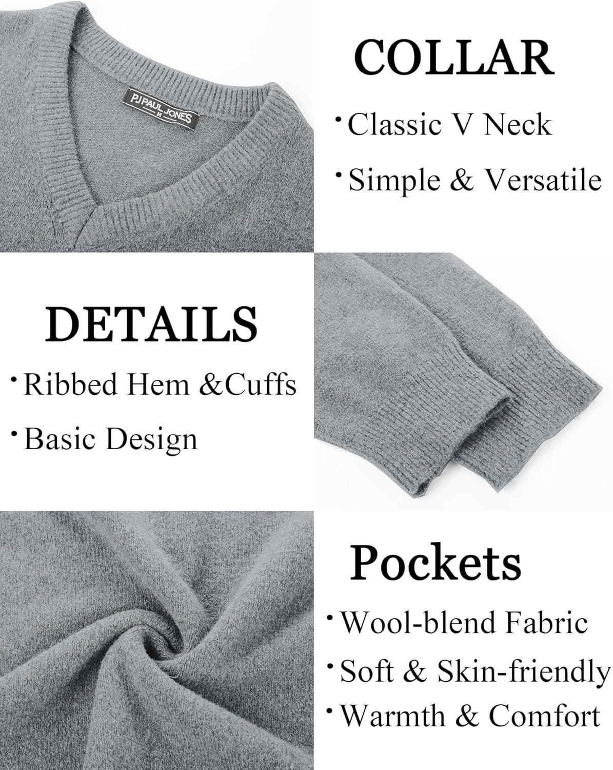 imagePJ PAUL JONES Mens V Neck Pullover Lightweight Wool Blend Long Sleeve Knit SweaterGray