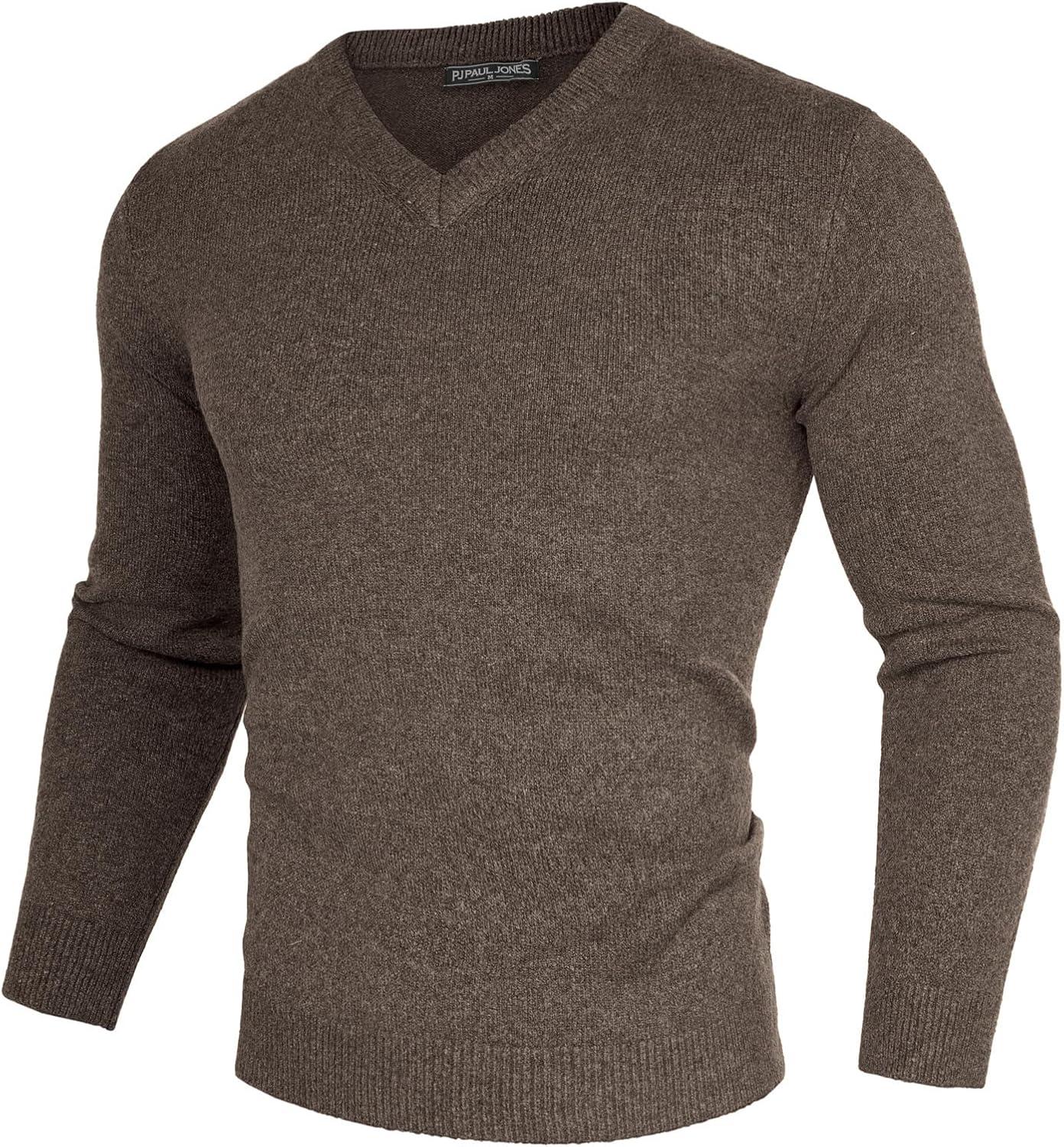 imagePJ PAUL JONES Mens V Neck Pullover Lightweight Wool Blend Long Sleeve Knit SweaterKhaki