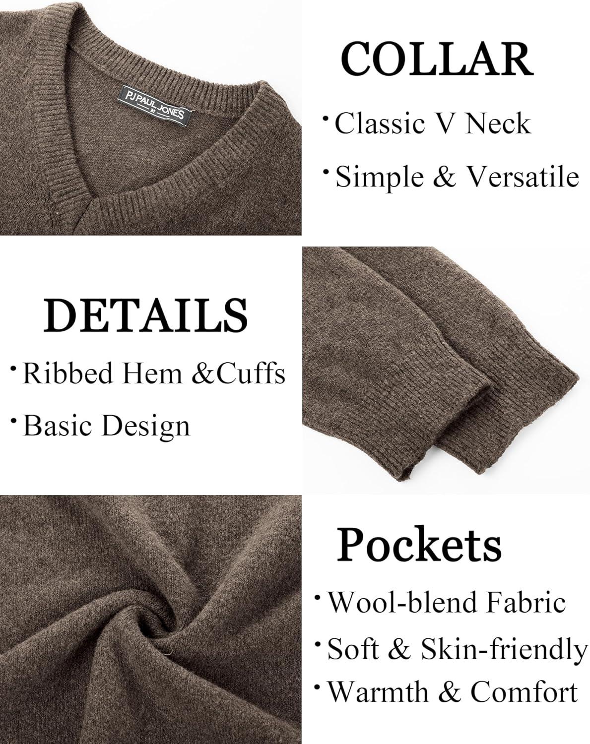 imagePJ PAUL JONES Mens V Neck Pullover Lightweight Wool Blend Long Sleeve Knit SweaterKhaki