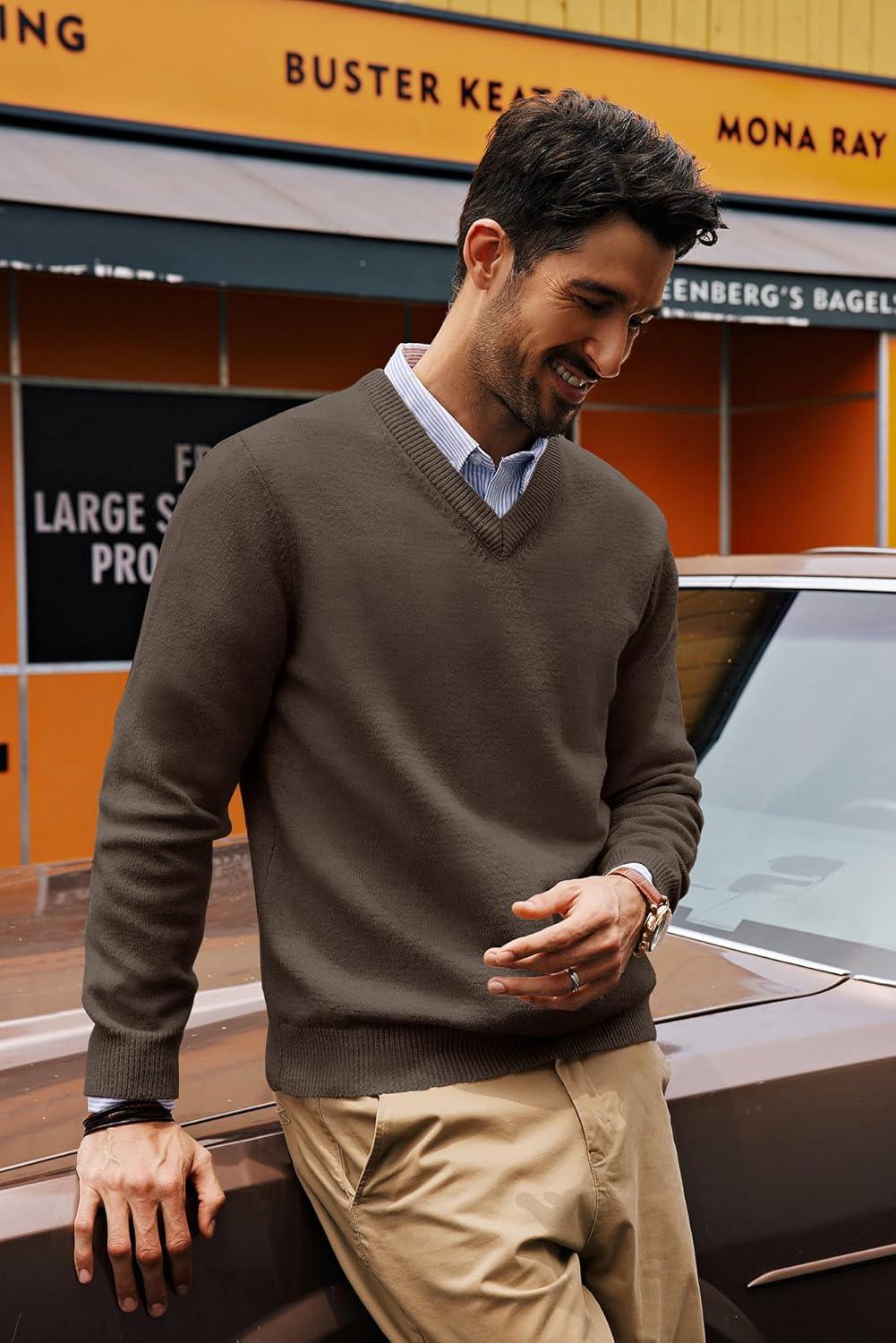 imagePJ PAUL JONES Mens V Neck Pullover Lightweight Wool Blend Long Sleeve Knit SweaterKhaki