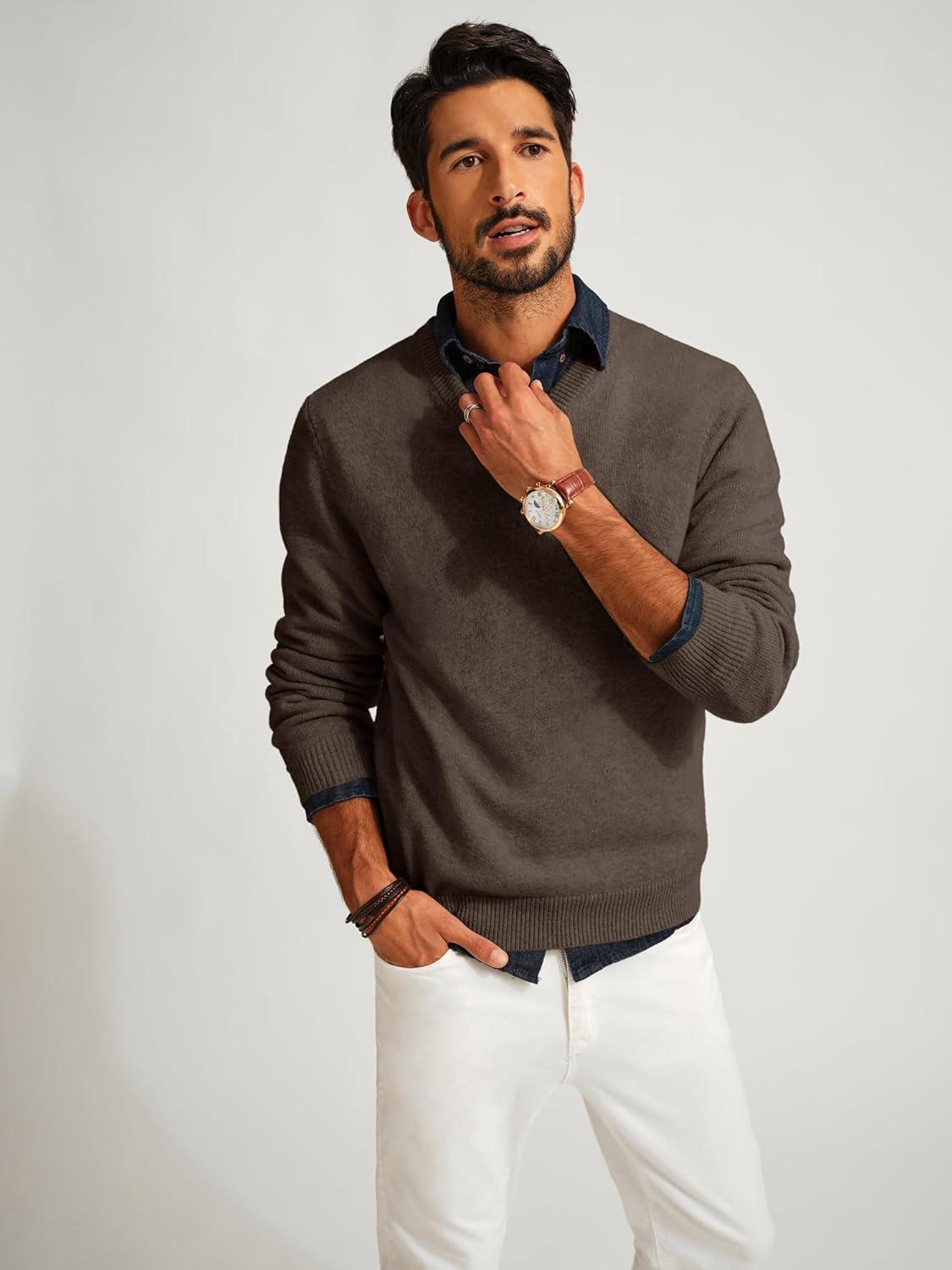 imagePJ PAUL JONES Mens V Neck Pullover Lightweight Wool Blend Long Sleeve Knit SweaterKhaki