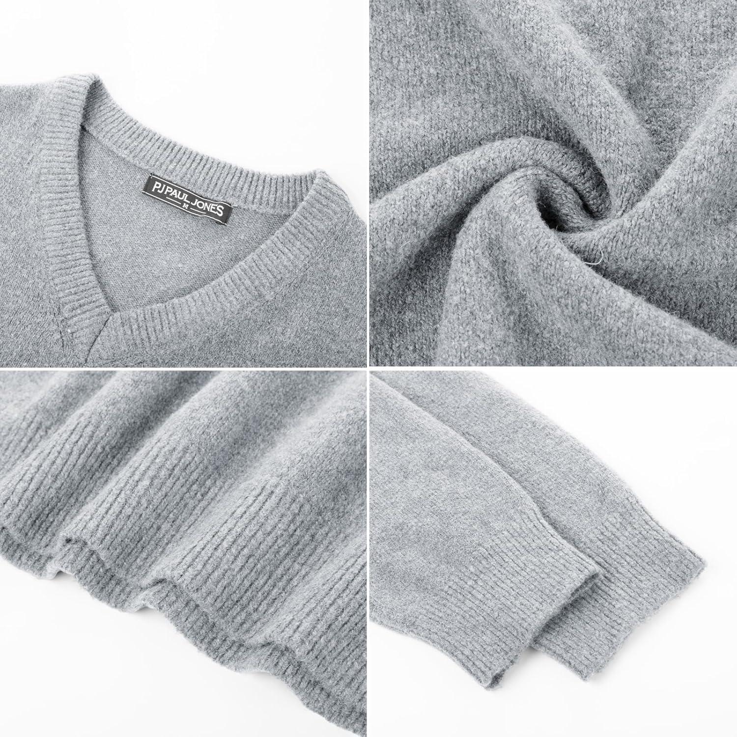 imagePJ PAUL JONES Mens V Neck Pullover Lightweight Wool Blend Long Sleeve Knit SweaterLight Gray