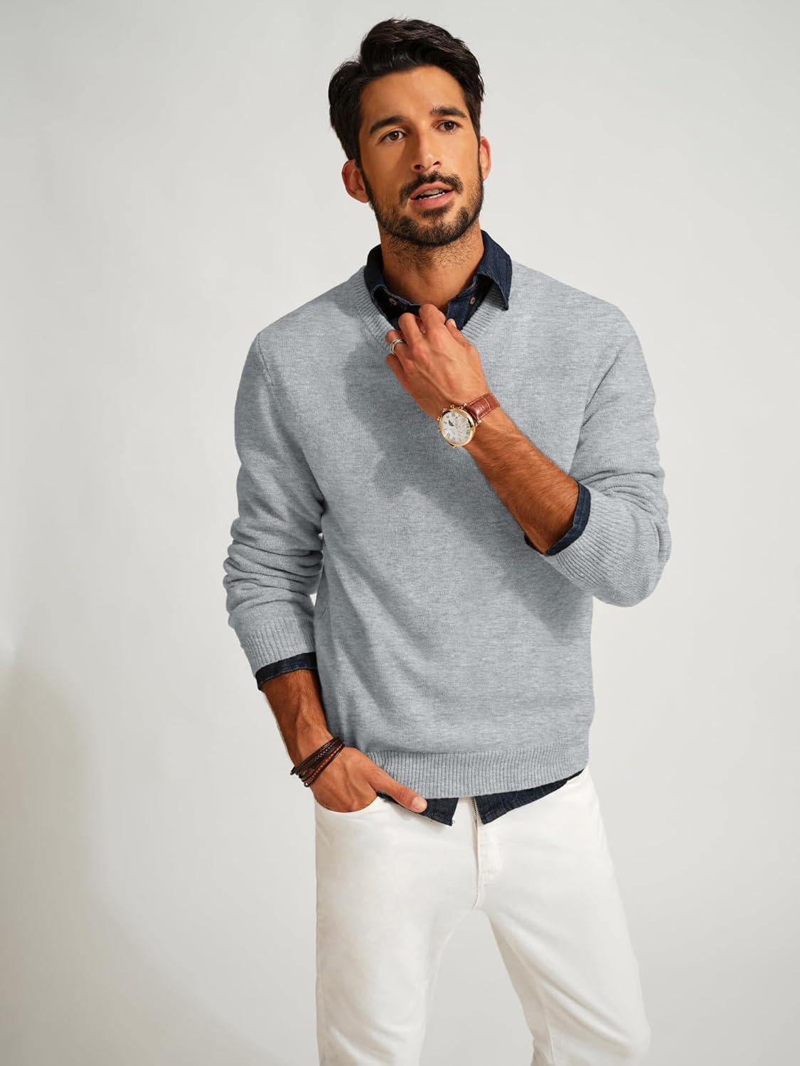 imagePJ PAUL JONES Mens V Neck Pullover Lightweight Wool Blend Long Sleeve Knit SweaterLight Gray