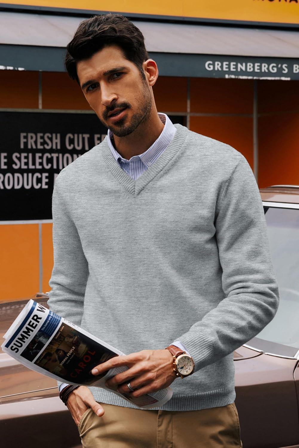 imagePJ PAUL JONES Mens V Neck Pullover Lightweight Wool Blend Long Sleeve Knit SweaterLight Gray