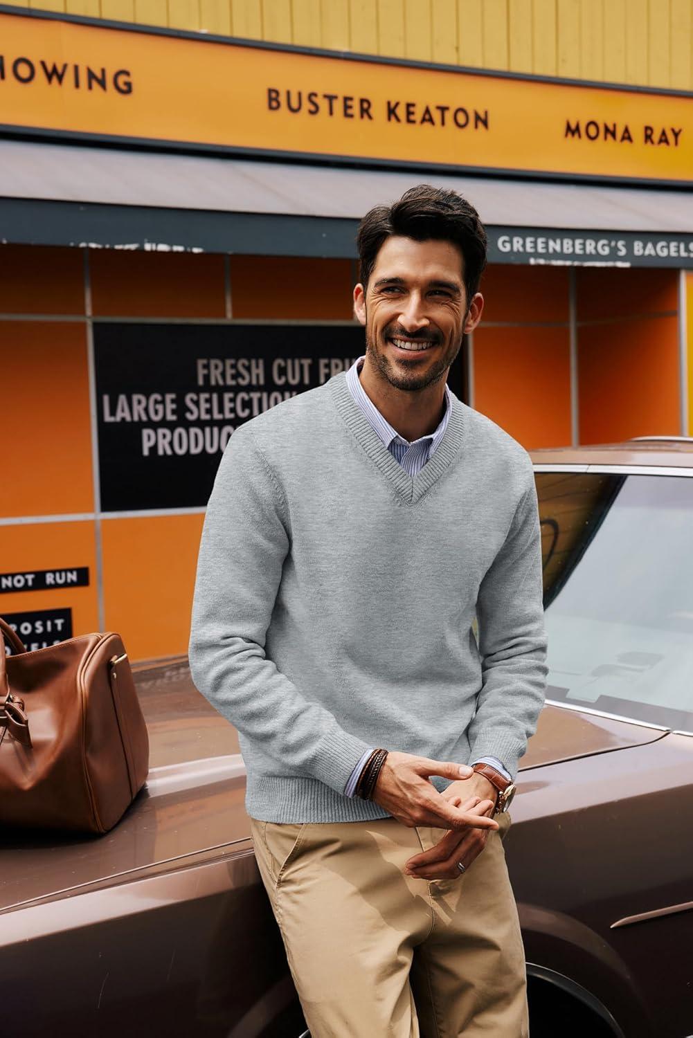 imagePJ PAUL JONES Mens V Neck Pullover Lightweight Wool Blend Long Sleeve Knit SweaterLight Gray