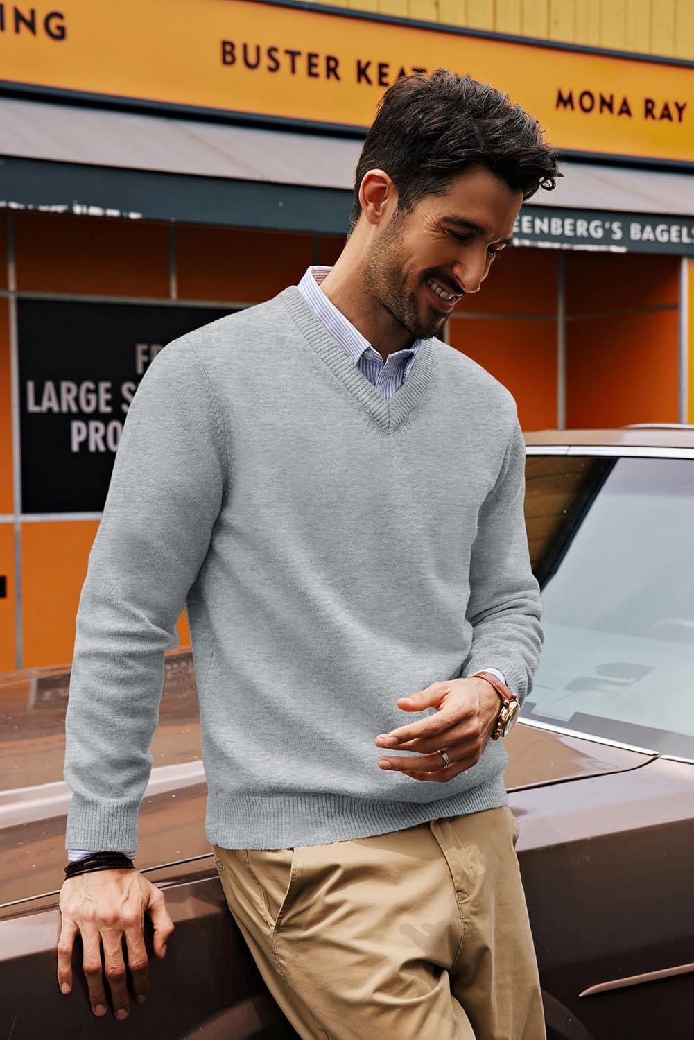 imagePJ PAUL JONES Mens V Neck Pullover Lightweight Wool Blend Long Sleeve Knit SweaterLight Gray