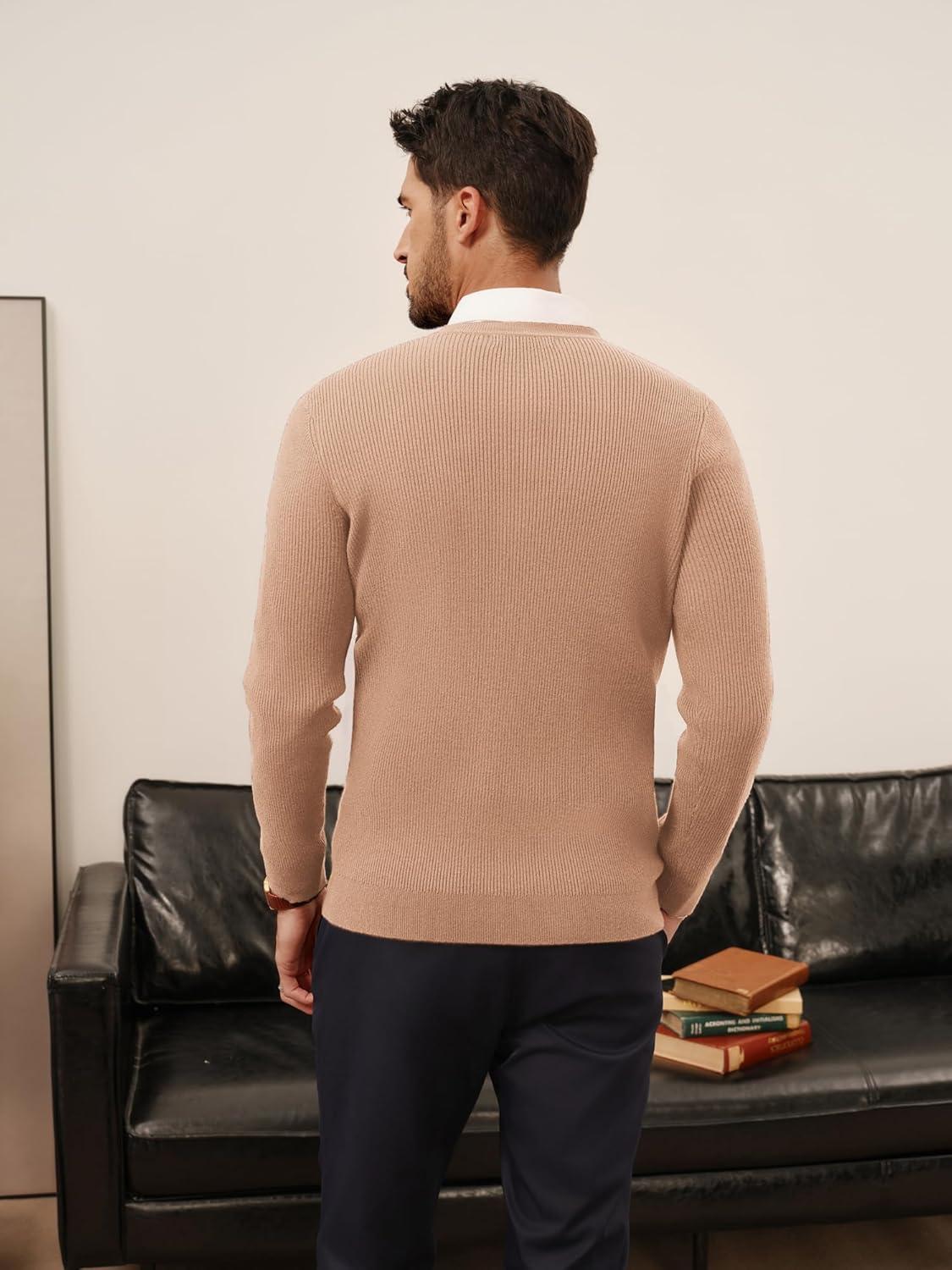 imagePJ PAUL JONES Mens V Neck Sweater Casual Textured Pullover Sweaters Lightweight Ribbed Knit PulloverApricot
