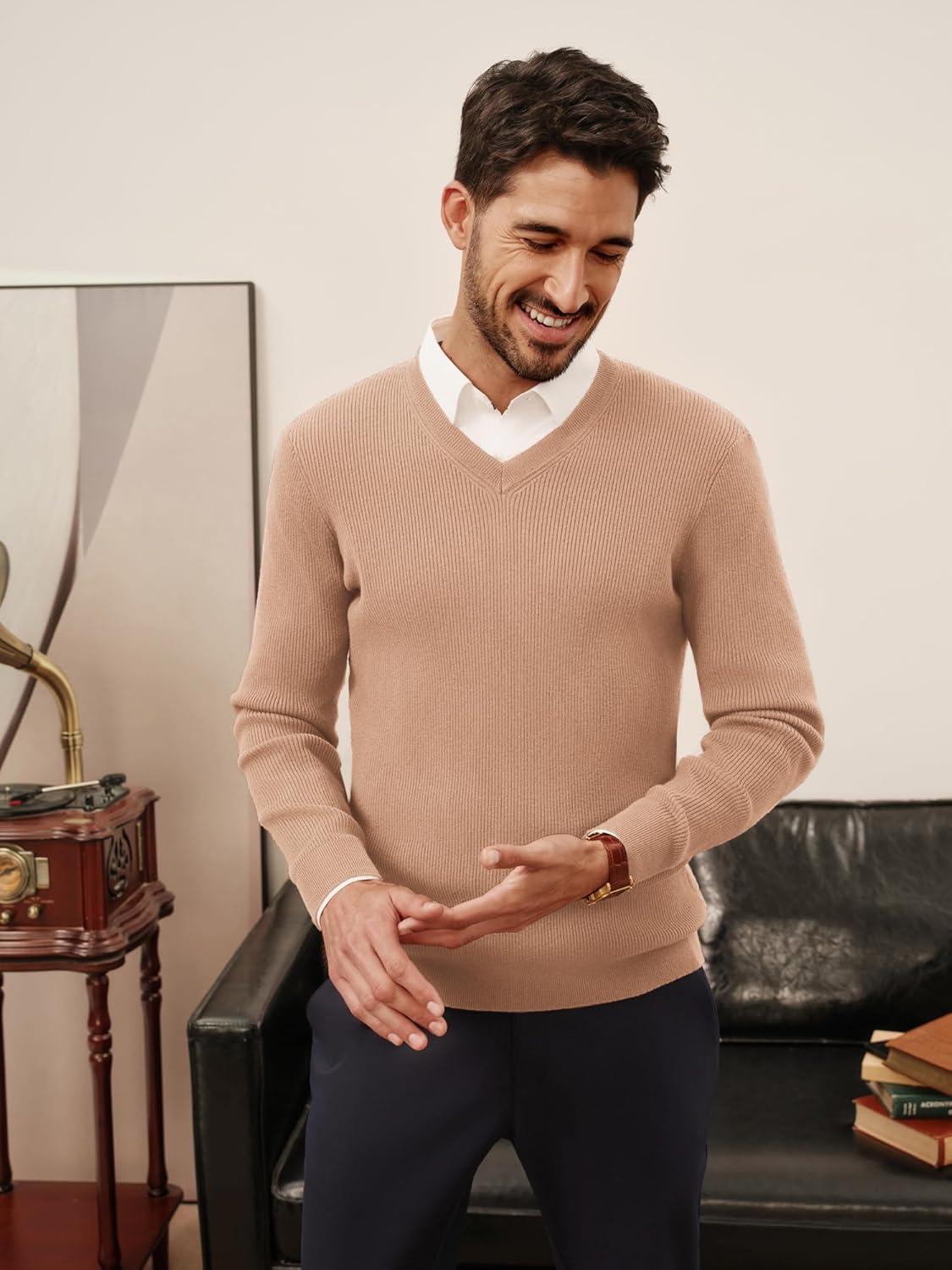 imagePJ PAUL JONES Mens V Neck Sweater Casual Textured Pullover Sweaters Lightweight Ribbed Knit PulloverApricot