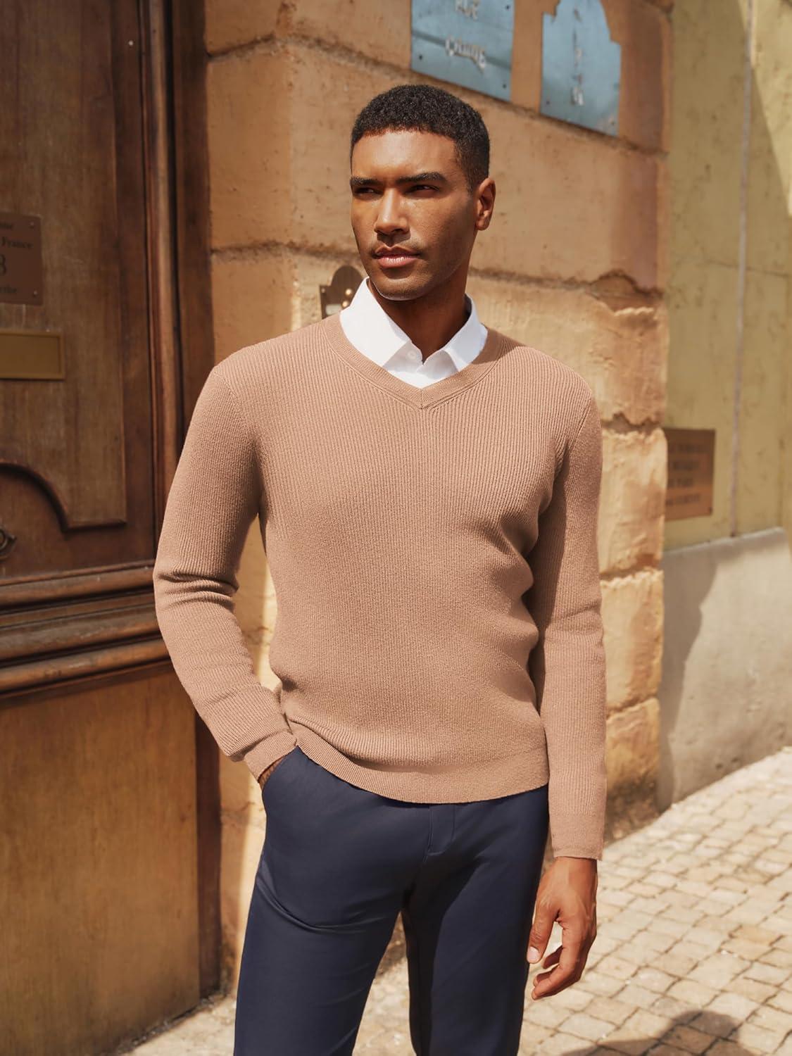 imagePJ PAUL JONES Mens V Neck Sweater Casual Textured Pullover Sweaters Lightweight Ribbed Knit PulloverApricot