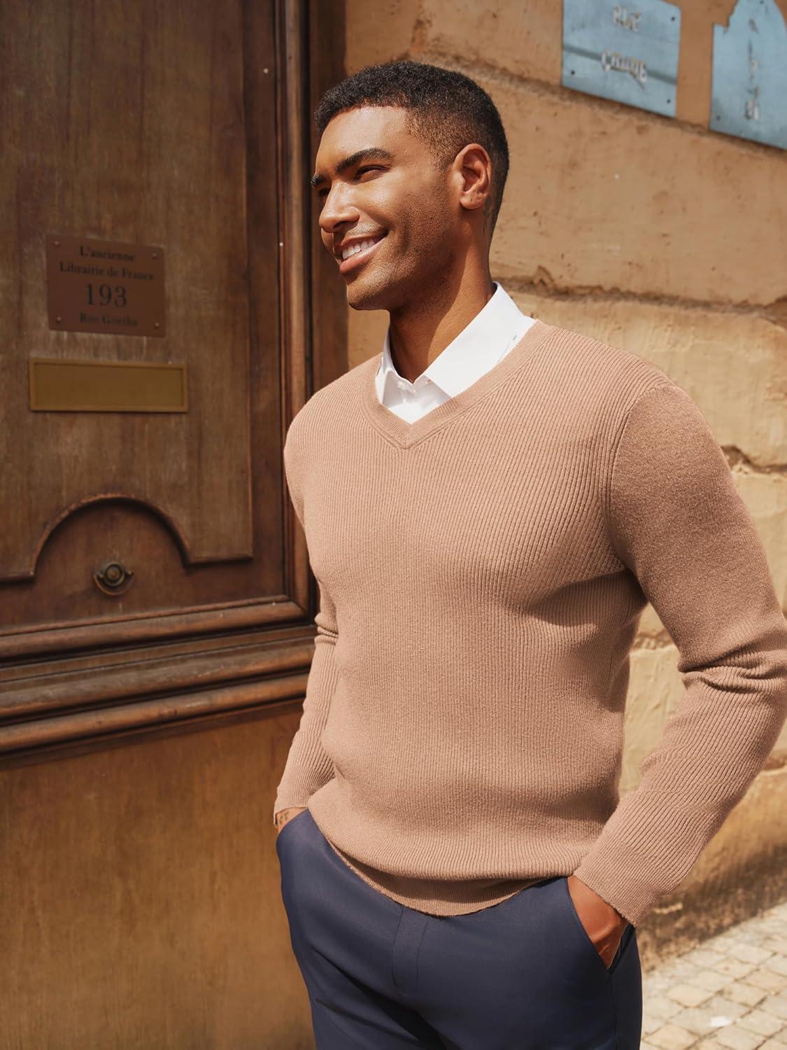 imagePJ PAUL JONES Mens V Neck Sweater Casual Textured Pullover Sweaters Lightweight Ribbed Knit PulloverApricot