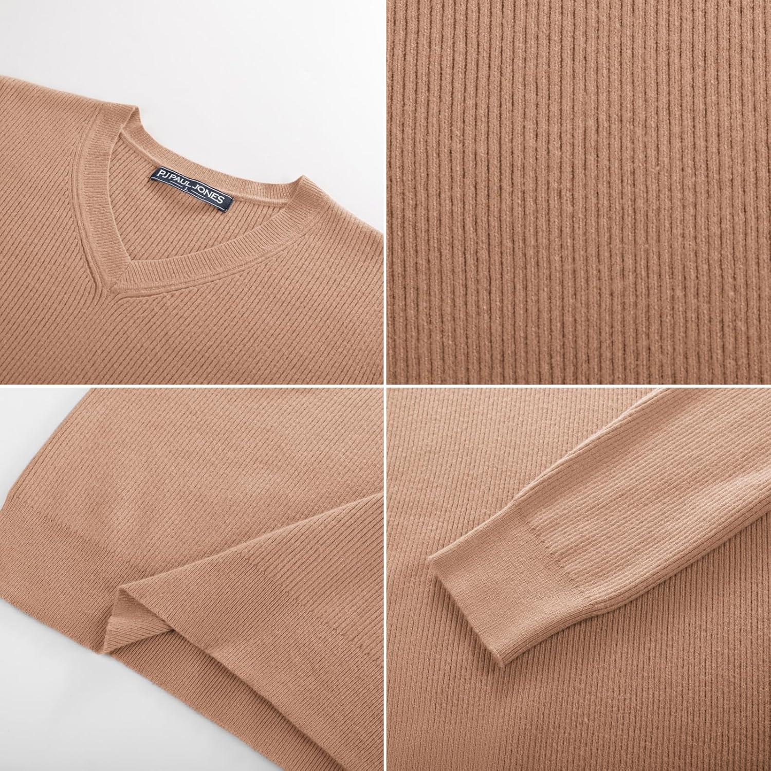 imagePJ PAUL JONES Mens V Neck Sweater Casual Textured Pullover Sweaters Lightweight Ribbed Knit PulloverApricot