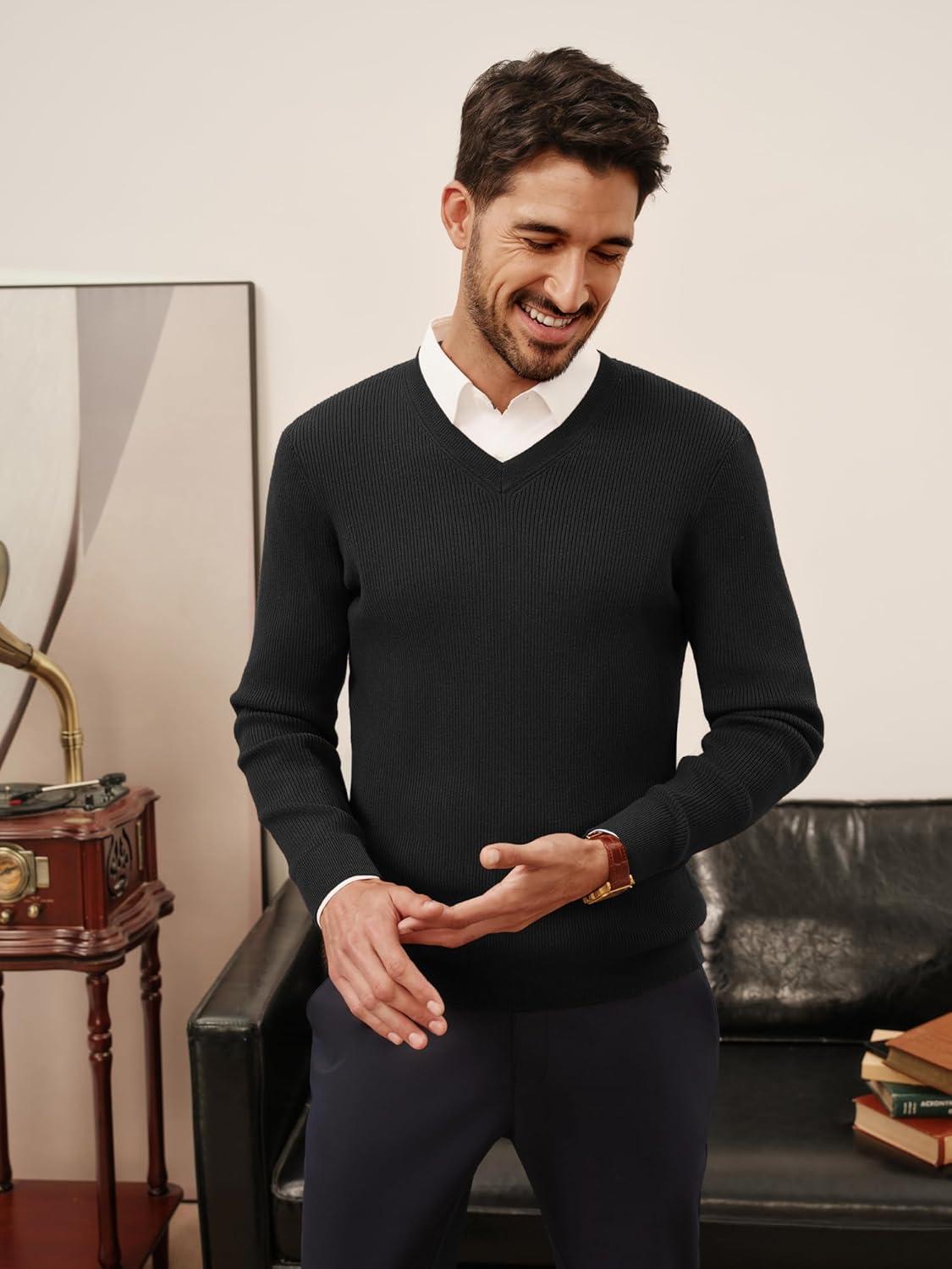 imagePJ PAUL JONES Mens V Neck Sweater Casual Textured Pullover Sweaters Lightweight Ribbed Knit PulloverBlack