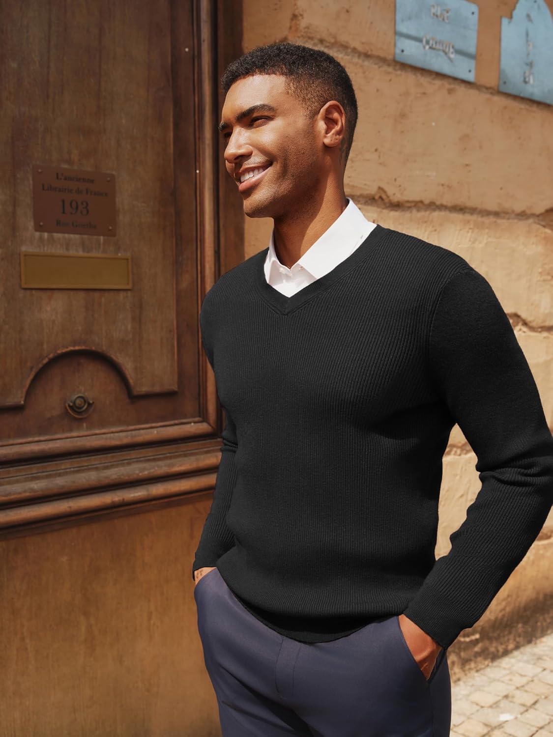 imagePJ PAUL JONES Mens V Neck Sweater Casual Textured Pullover Sweaters Lightweight Ribbed Knit PulloverBlack