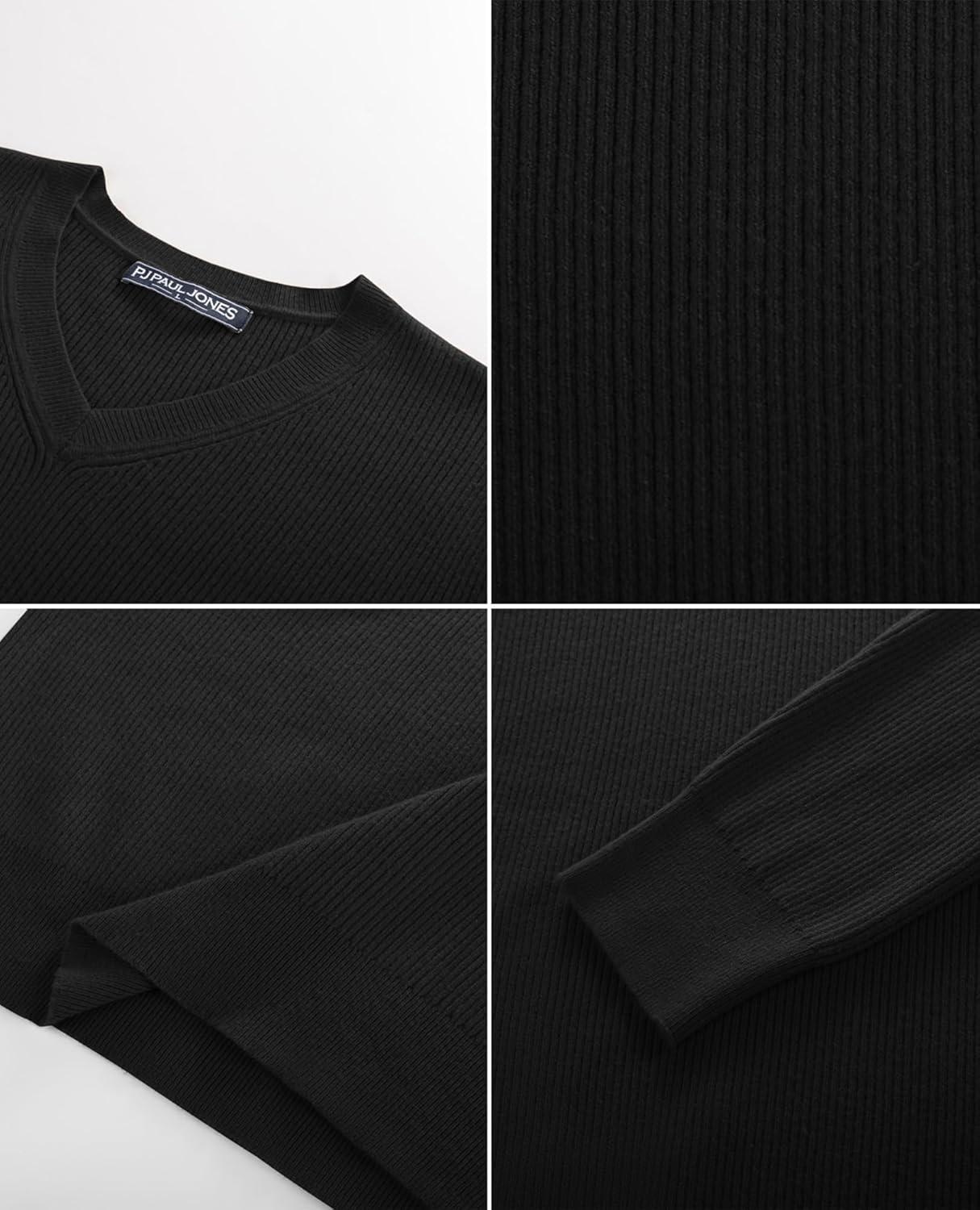 imagePJ PAUL JONES Mens V Neck Sweater Casual Textured Pullover Sweaters Lightweight Ribbed Knit PulloverBlack