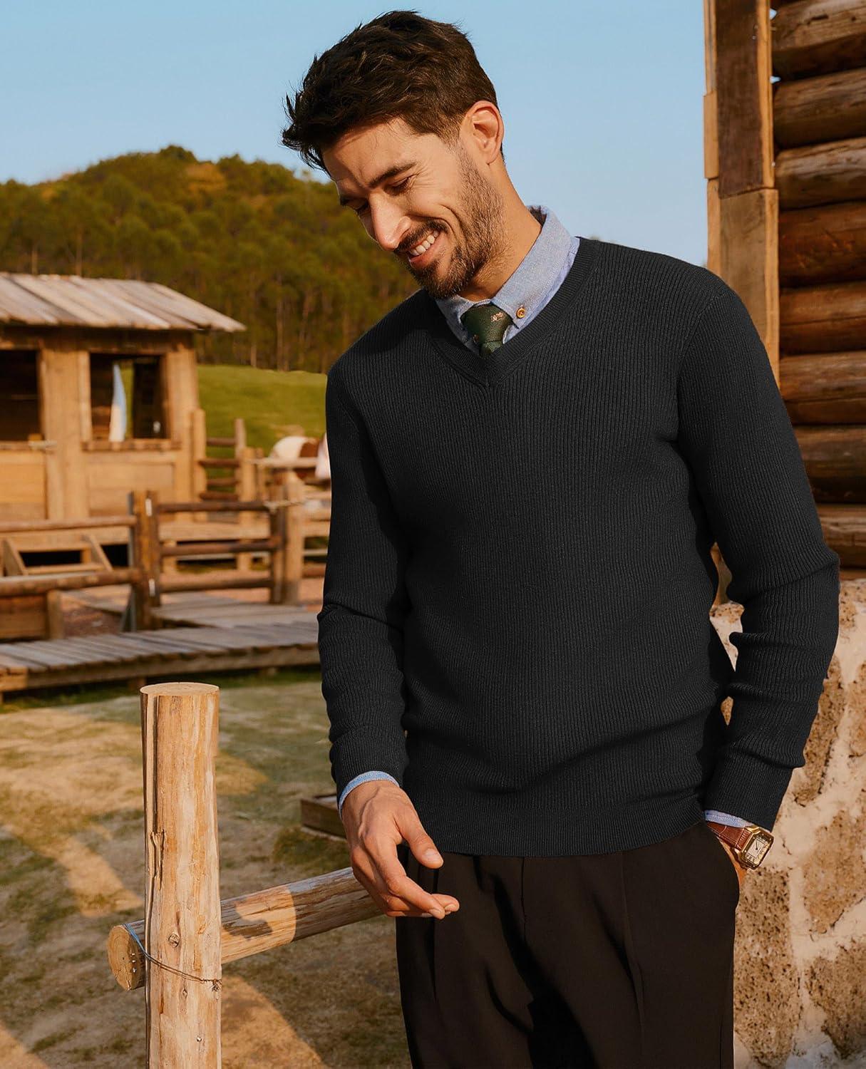 imagePJ PAUL JONES Mens V Neck Sweater Casual Textured Pullover Sweaters Lightweight Ribbed Knit PulloverBlack