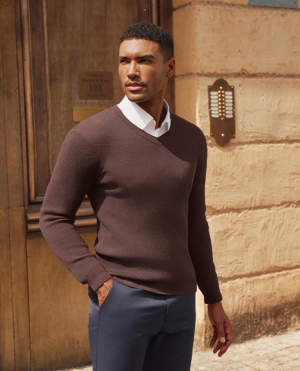 imagePJ PAUL JONES Mens V Neck Sweater Casual Textured Pullover Sweaters Lightweight Ribbed Knit PulloverCoffee