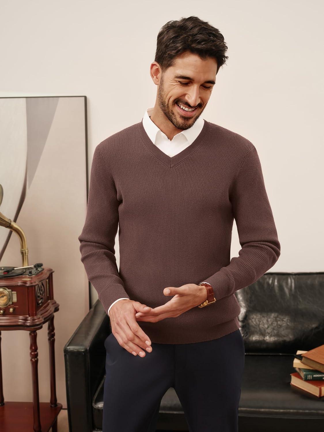 imagePJ PAUL JONES Mens V Neck Sweater Casual Textured Pullover Sweaters Lightweight Ribbed Knit PulloverCoffee