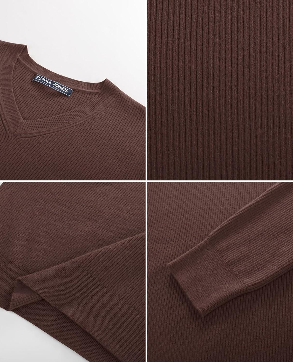 imagePJ PAUL JONES Mens V Neck Sweater Casual Textured Pullover Sweaters Lightweight Ribbed Knit PulloverCoffee