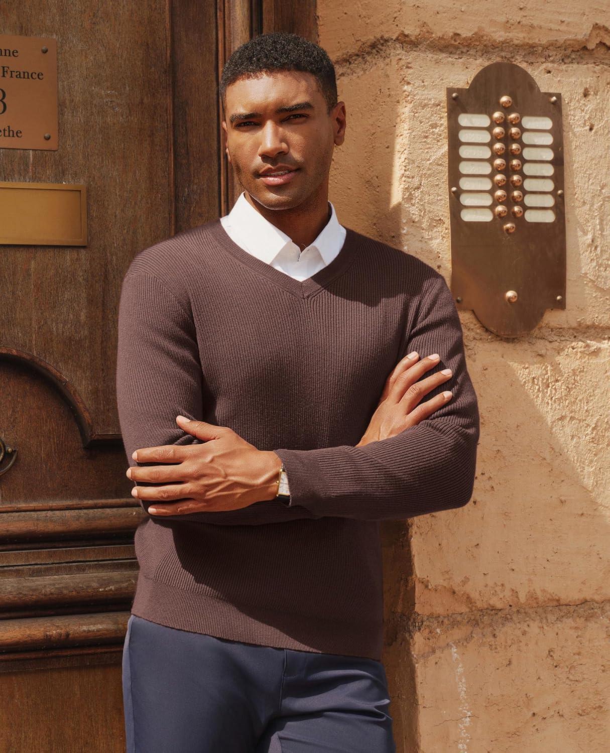 imagePJ PAUL JONES Mens V Neck Sweater Casual Textured Pullover Sweaters Lightweight Ribbed Knit PulloverCoffee